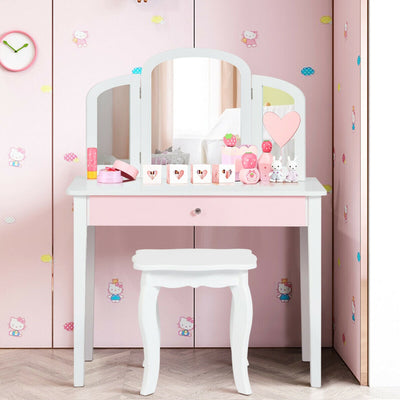 Mesa de Maquillaje de Princesa para Niños con Espejo Triple - Blanco