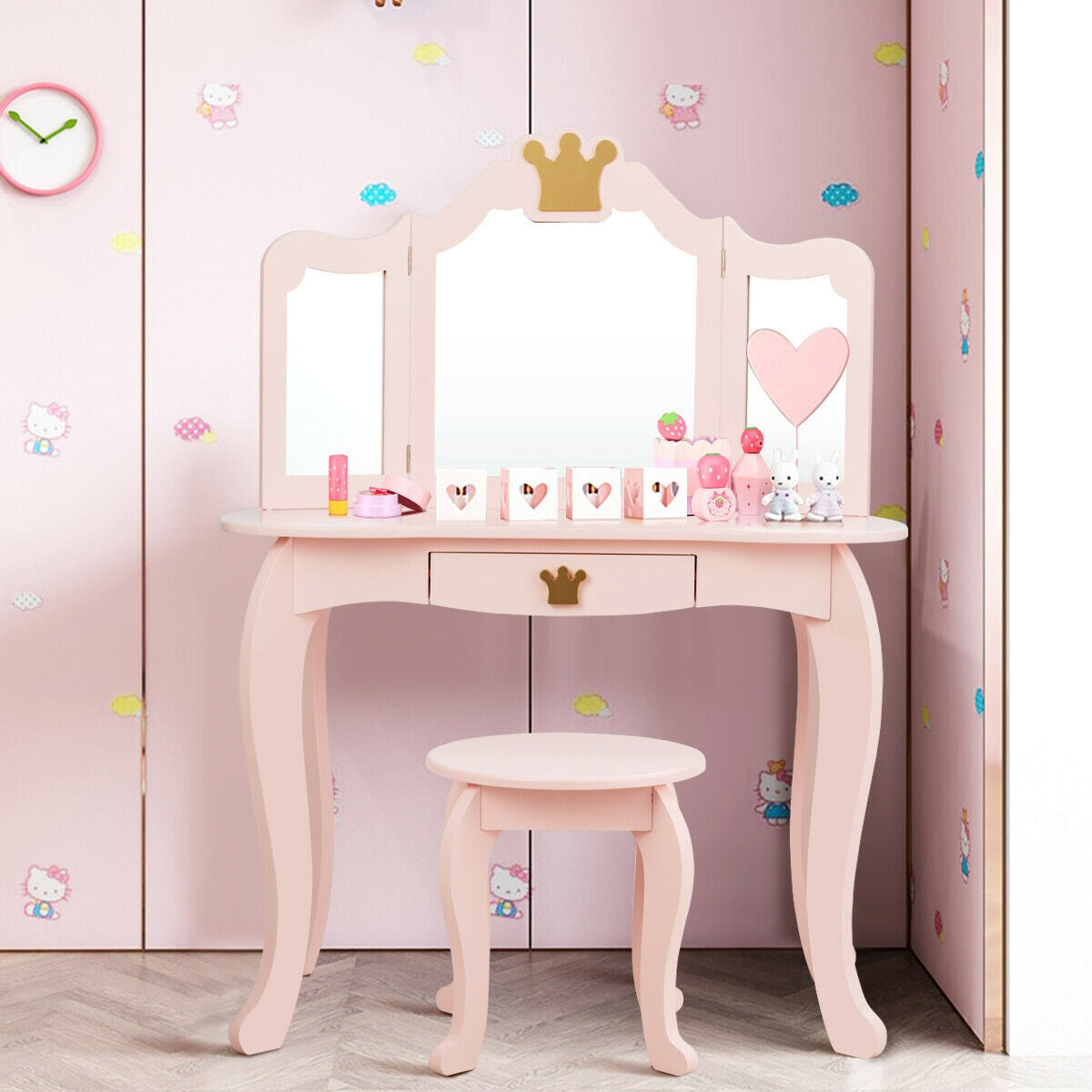 Kids Makeup Dressing Table with Tri-Folding Mirror - Pink