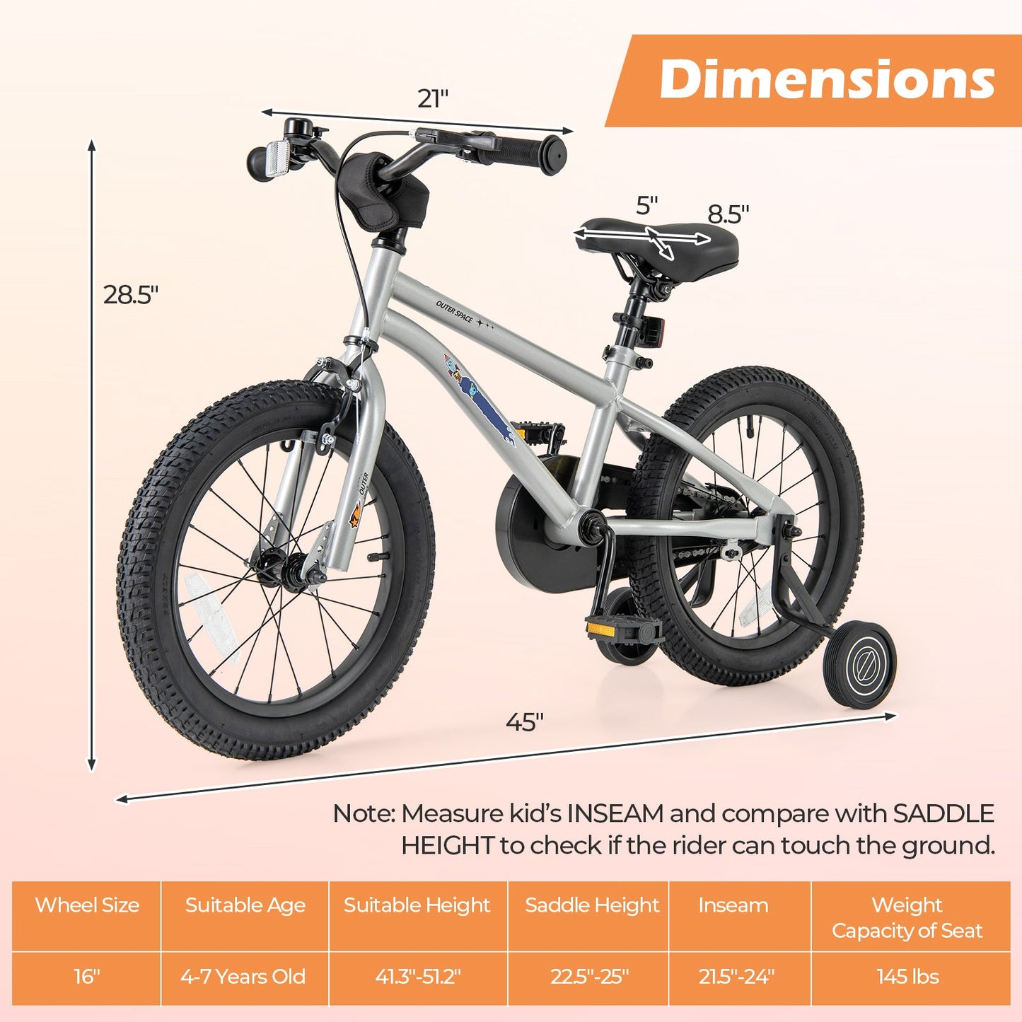 16-Inch Adjustable Kids Bike for Boys and Girls, High Carbon Steel Frame