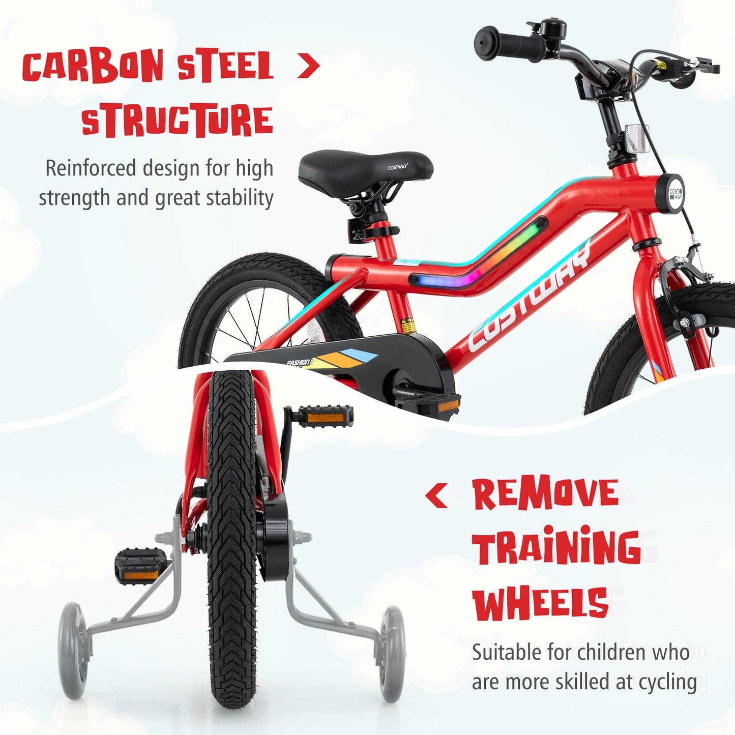 16 Inch Kids Bike with LED Lights - Adjustable Carbon Steel Bicycle