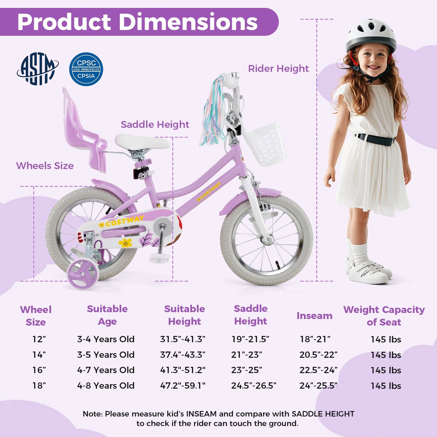 Bicicleta de 14 Pulgadas para Niñas con Asiento para Muñeca y Cintas para Edades de 3 a 5 Años