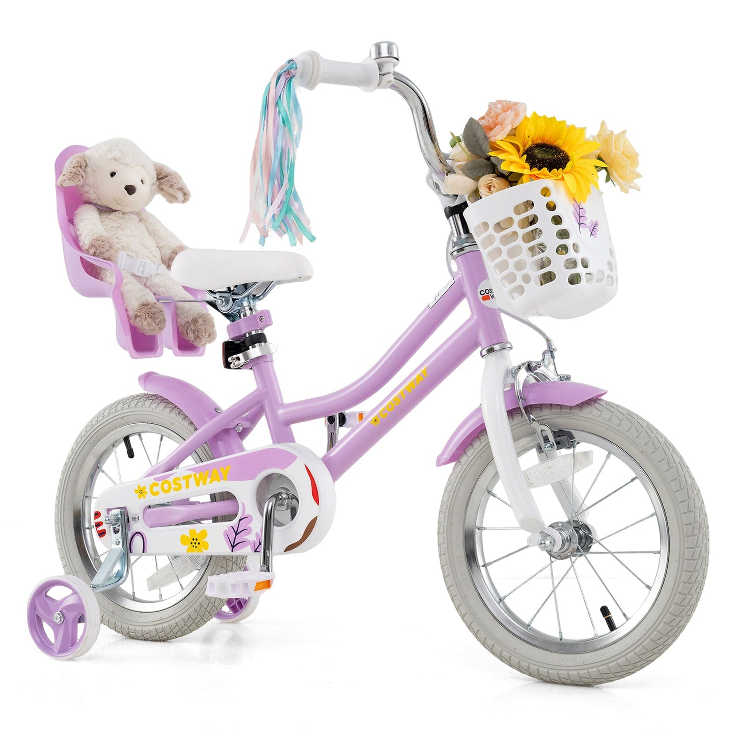 Bicicleta de 14 Pulgadas para Niñas con Asiento para Muñeca y Cintas para Edades de 3 a 5 Años