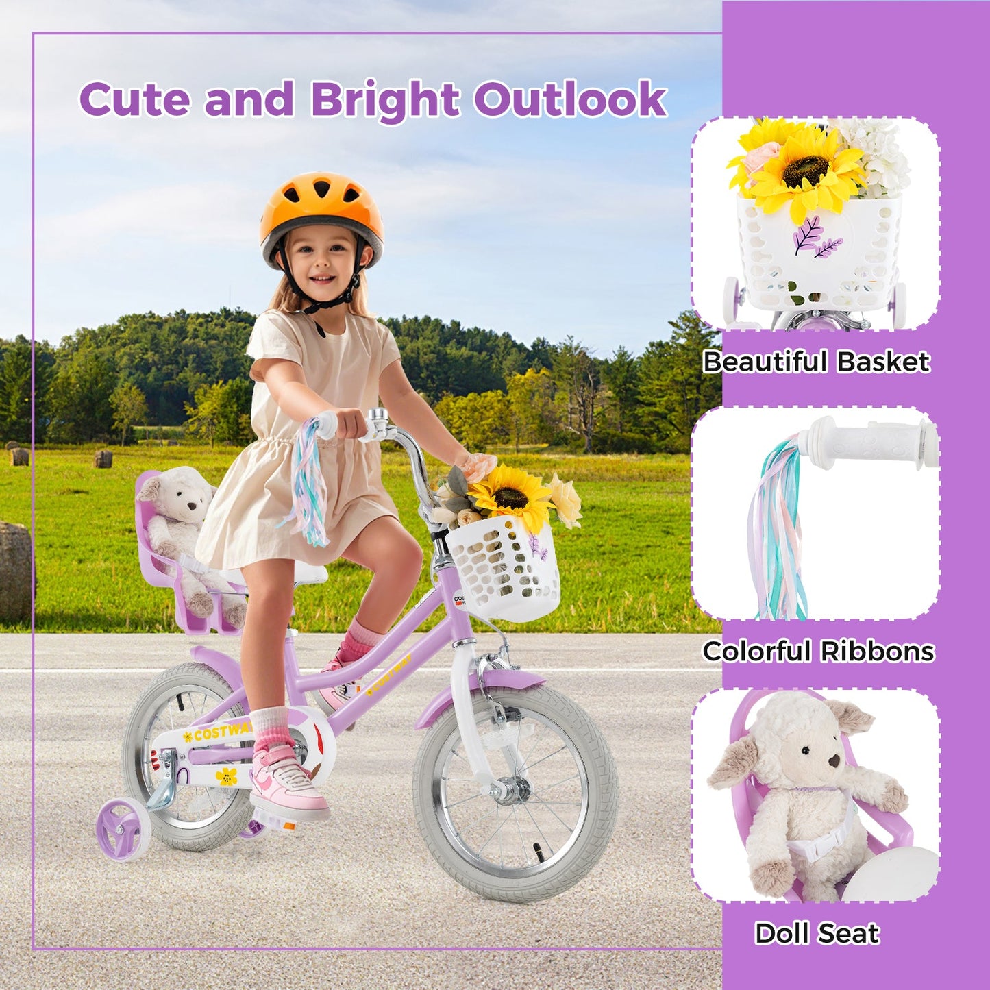 Bicicleta de 14 Pulgadas para Niñas con Asiento para Muñeca y Cintas para Edades de 3 a 5 Años