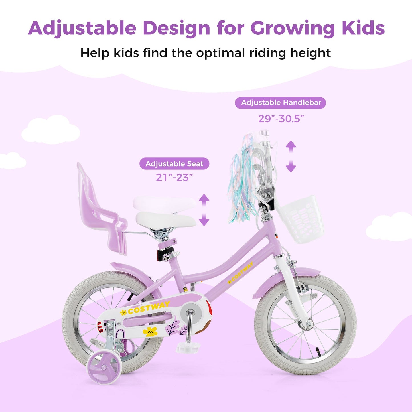 Bicicleta de 14 Pulgadas para Niñas con Asiento para Muñeca y Cintas para Edades de 3 a 5 Años