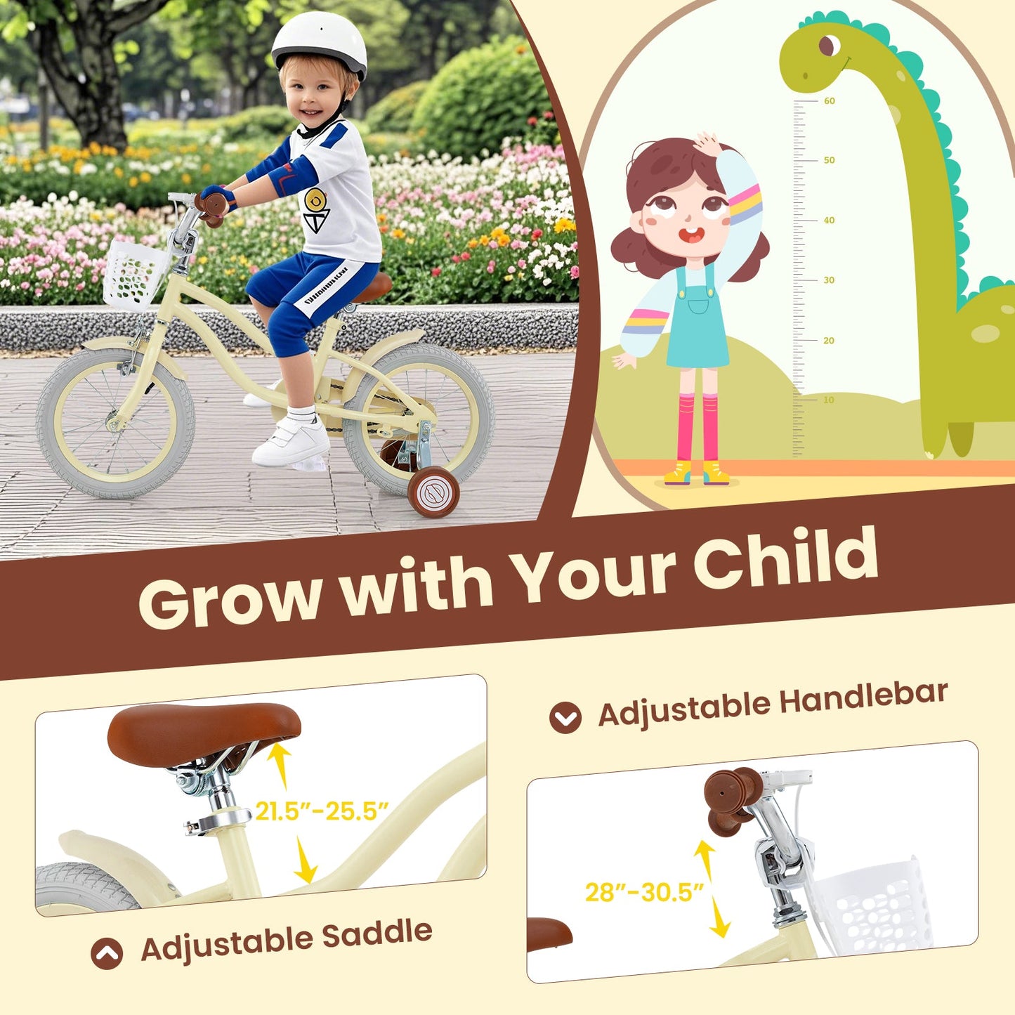 Vélo pour enfants réglable avec roues d'entraînement - 14/16/18 pouces