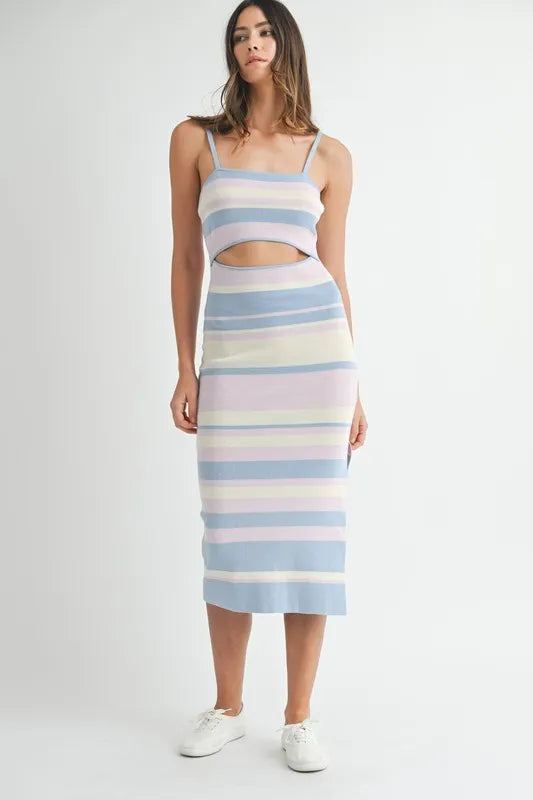 Vibrant Multi Color Striped Cutout Knit Midi Dress