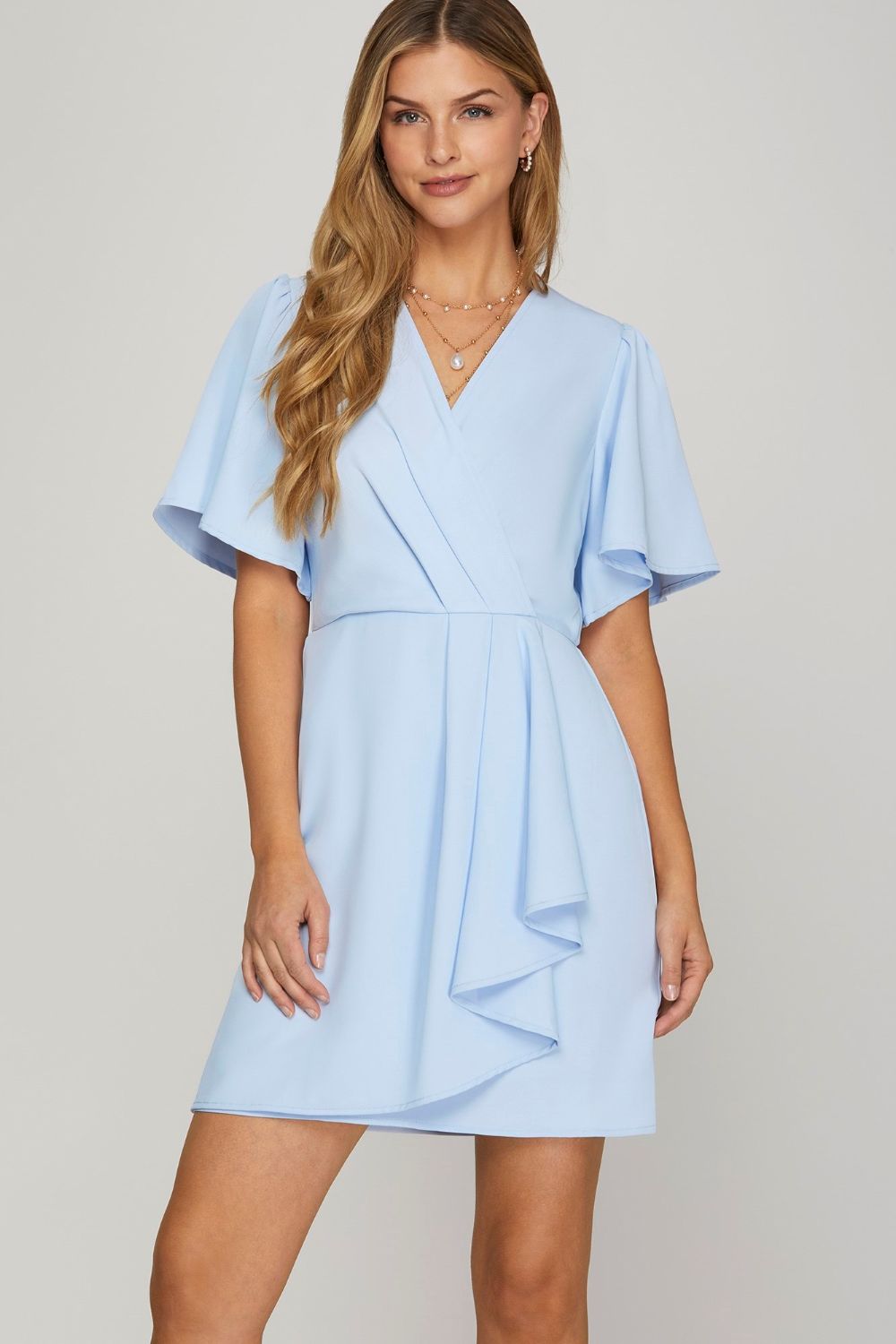 Charming Ruffled Flutter Sleeve Mini Dress for Women – Effortlessly Stylish Surplice Design - Korvel