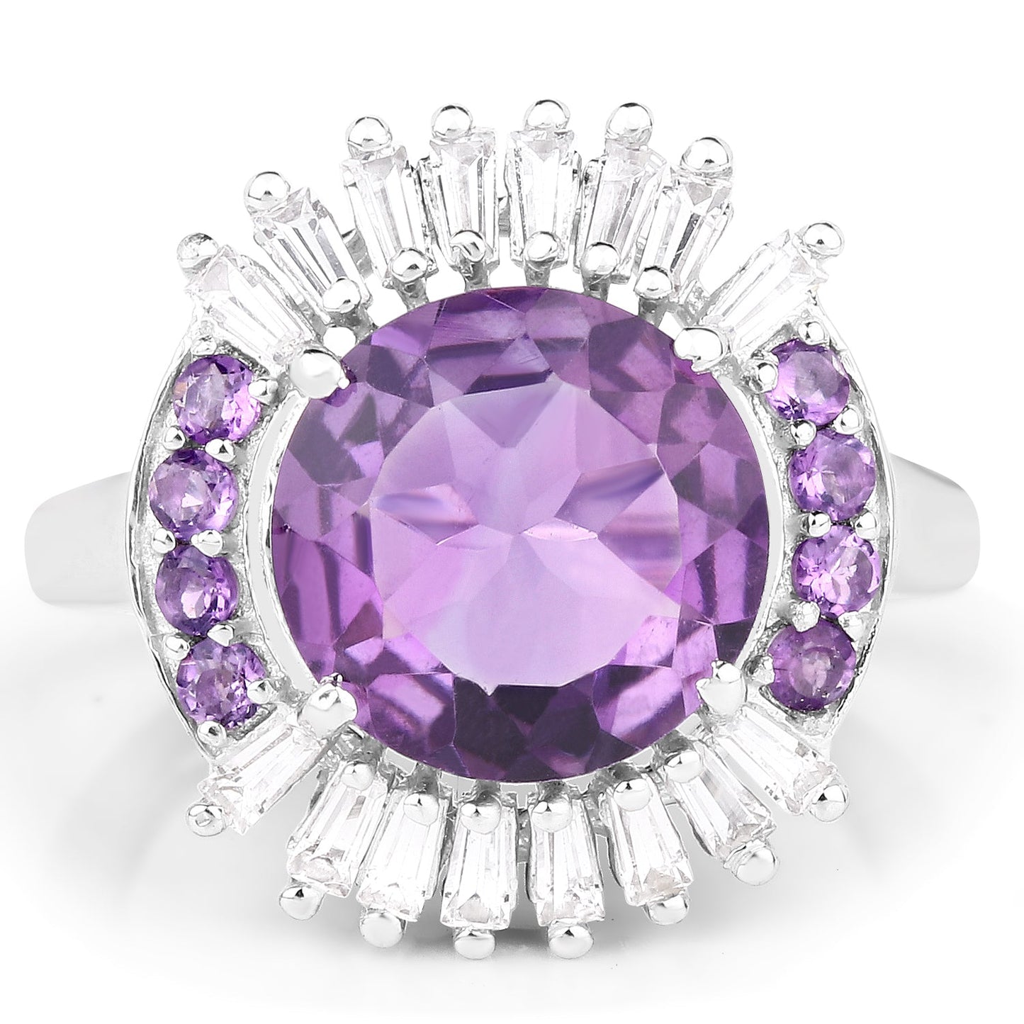 Anillo de plata esterlina de 5.20 quilates con amatista genuina y topacio blanco