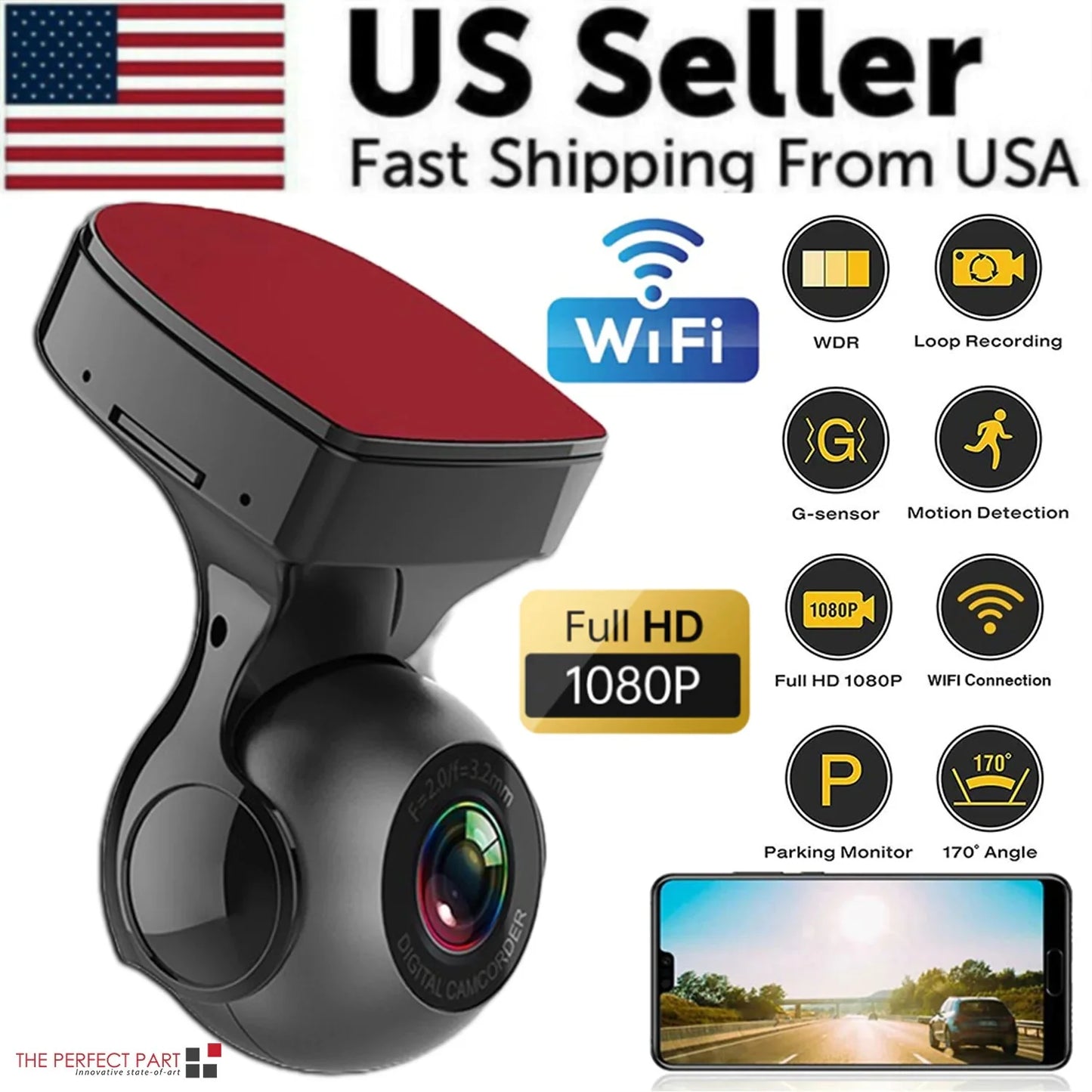 Enregistreur de Dash Cam WiFi 170° - Caméra de Véhicule HD 1080P