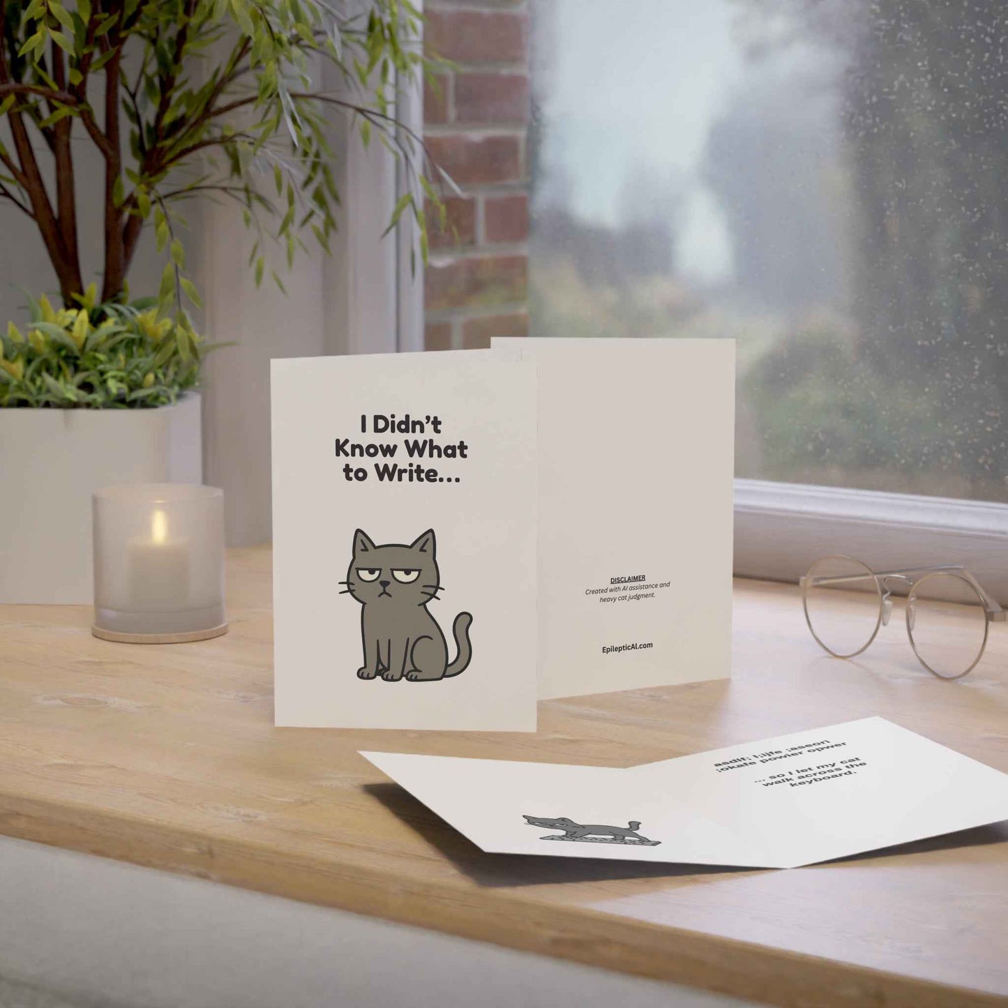 Tarjeta de saludo de gato divertido con teclado – Perfecta para cualquier ocasión