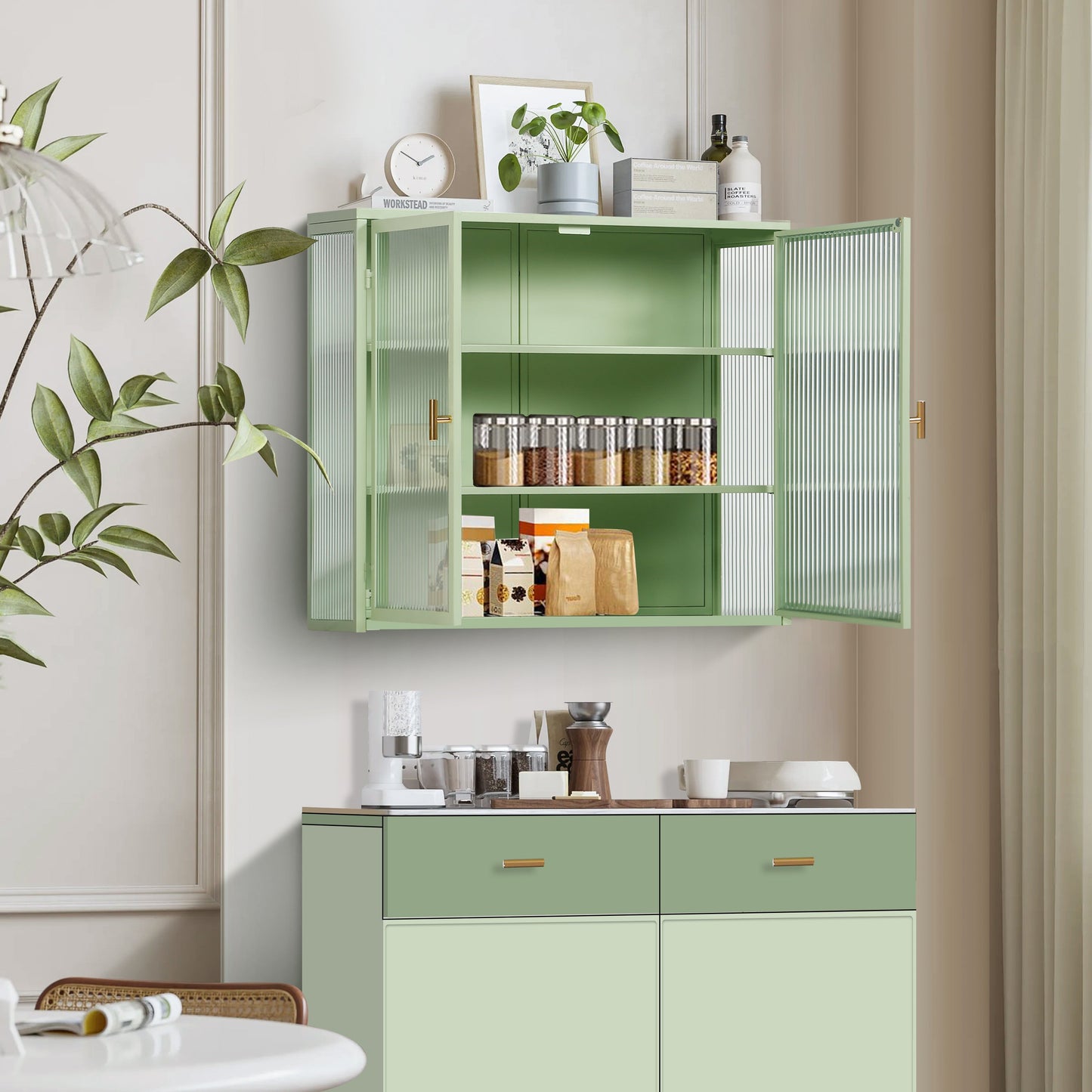 27.56"Glass Doors Modern Two-door Wall Cabinet with Featuring Three-tier Storage Mint Green - Korvel