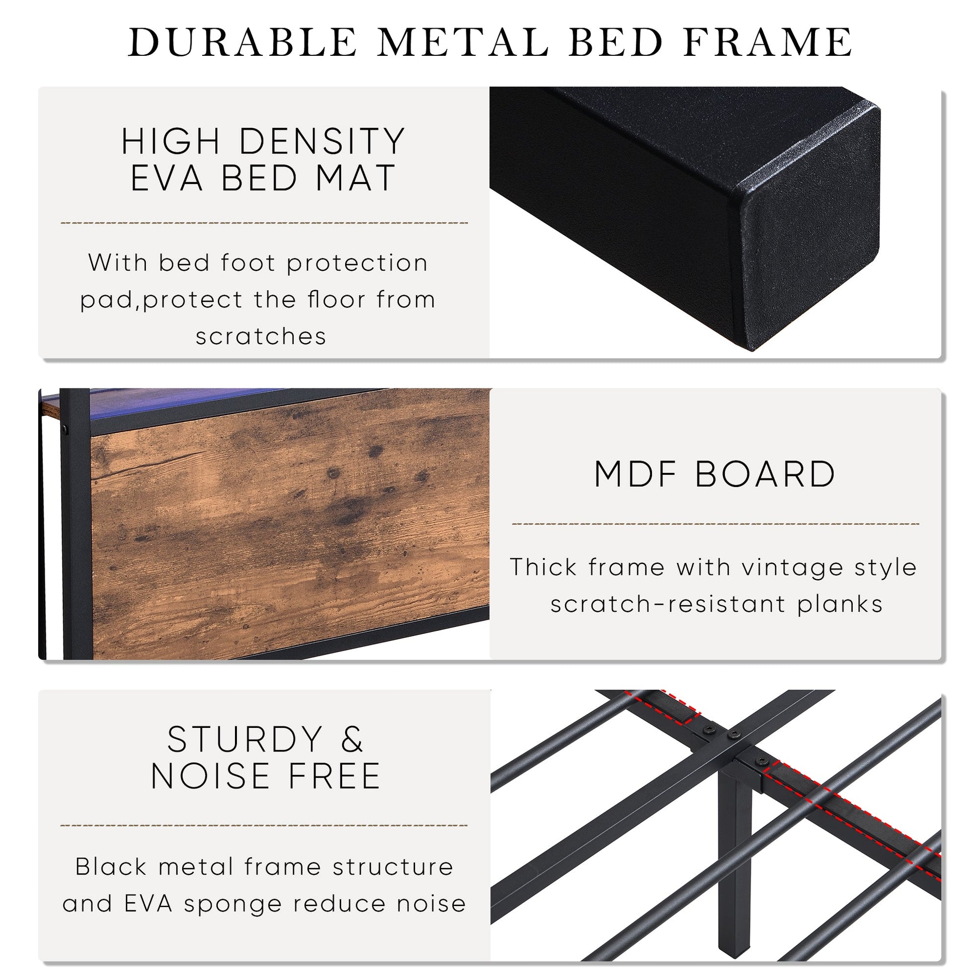 Full size bedstead with storage headboard and 2 drawers, LED light bed with charging station, metal Flat noodles support - Korvel