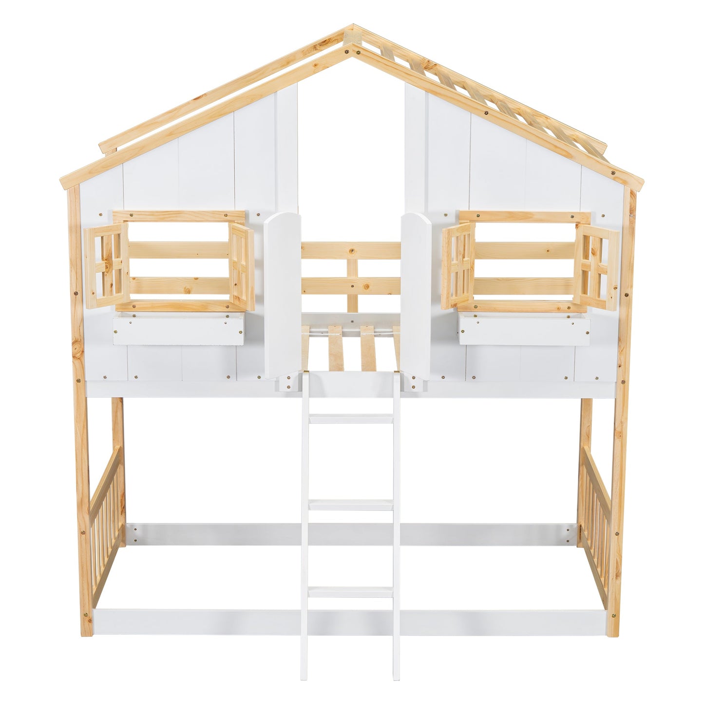 Twin over Twin House Bunk Bed with Roof , Window, Window Box, Door , with Safety Guardrails and Ladder, Natural/White - Korvel