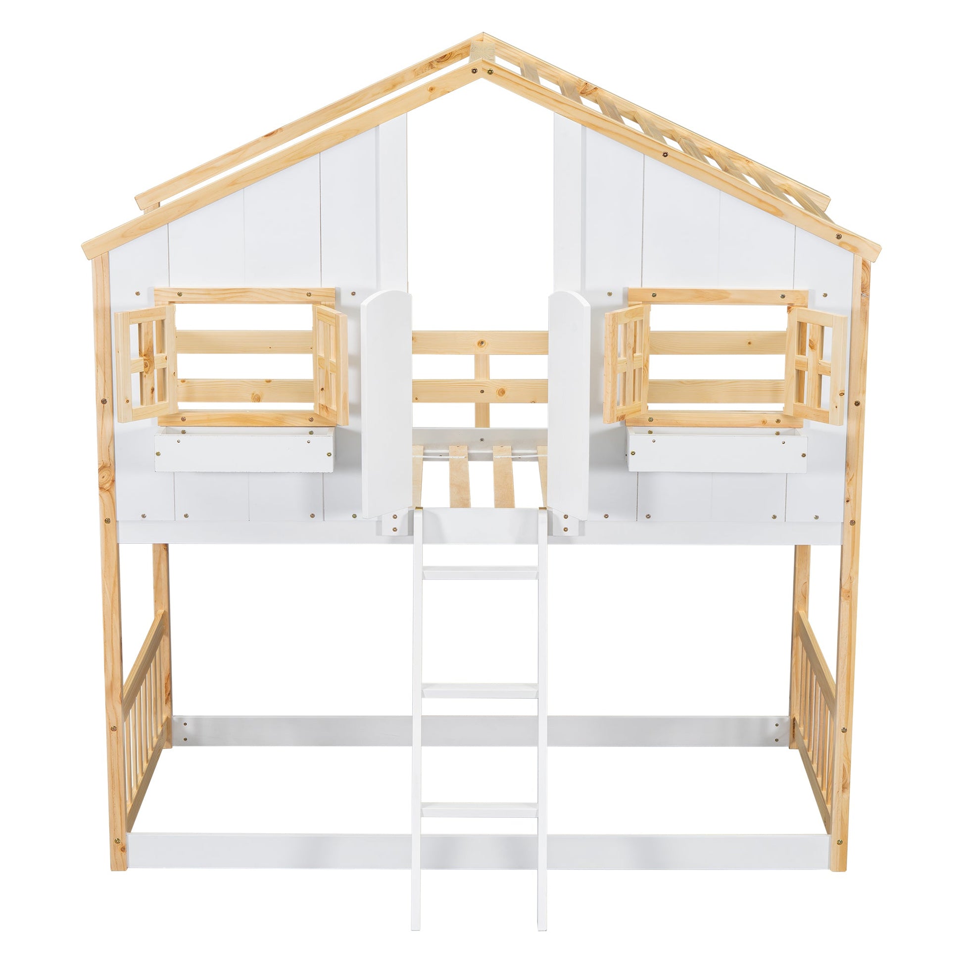 Twin over Twin House Bunk Bed with Roof , Window, Window Box, Door , with Safety Guardrails and Ladder, Natural/White - Korvel