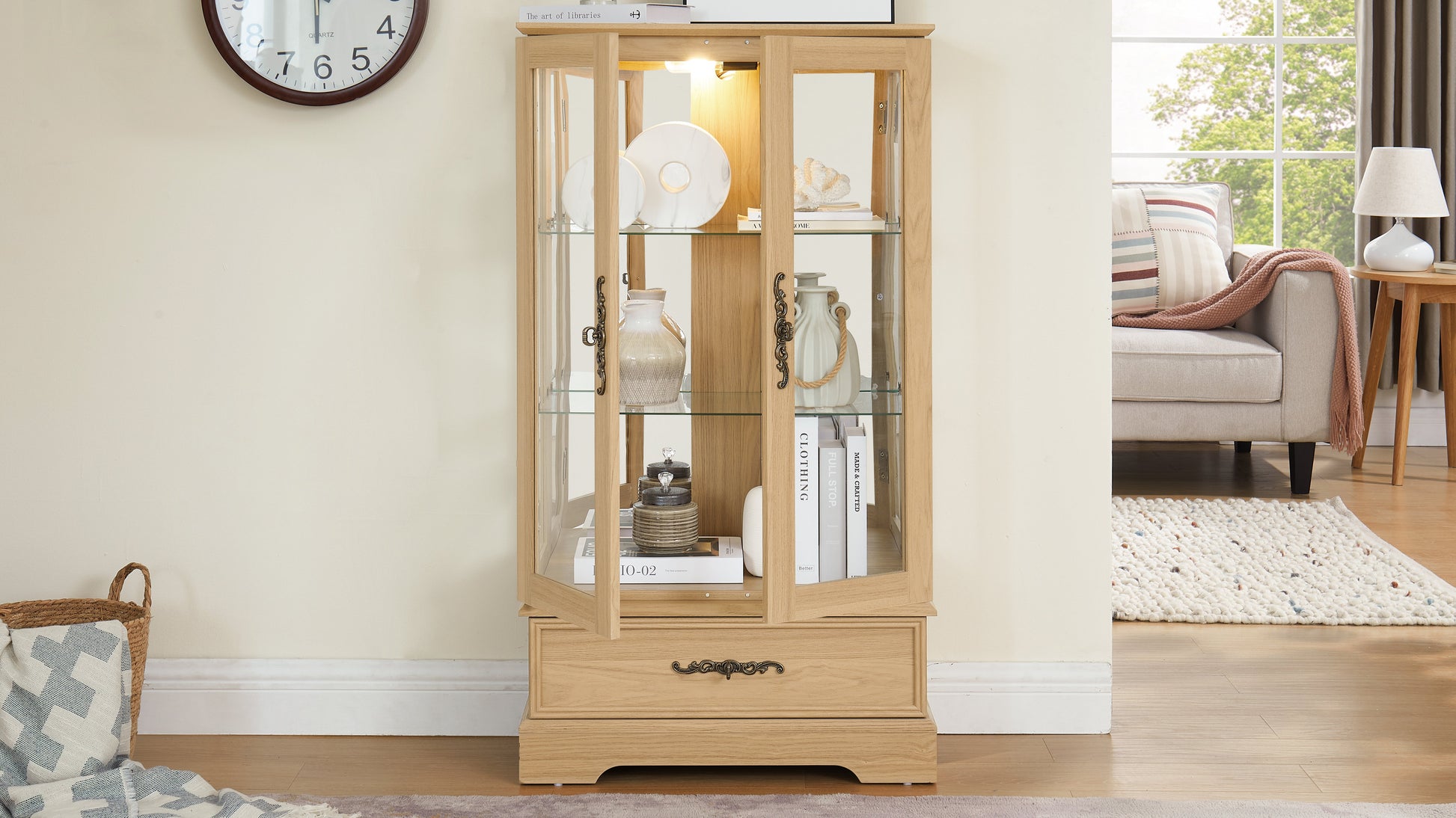 Light colored glass cabinet with adjustable glass frame, including cabinet light bulbs OAK with 2 doors and 1 drawer - Korvel
