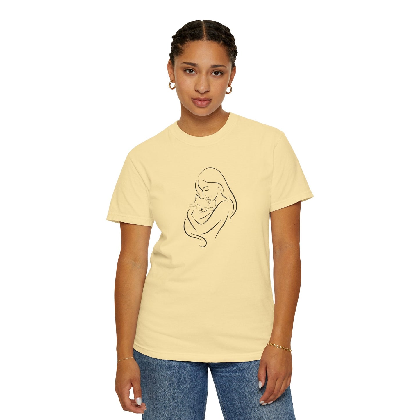 Camiseta Madre y Gato Abrazo | Camiseta Minimalista de Arte Lineal para Mamás de Gatos