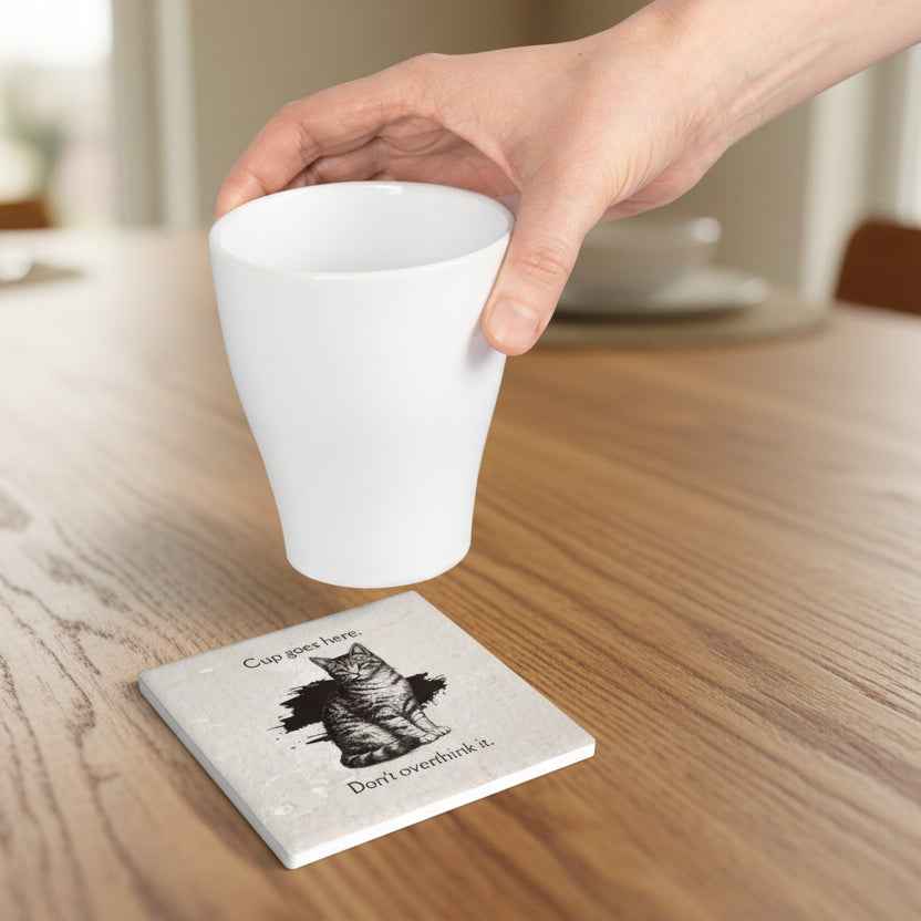 Cup Goes Here Cat Coaster - Clear Instructions for Beverage Placement