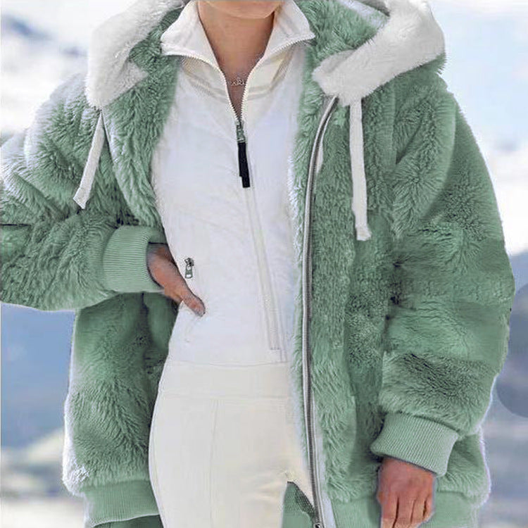 Autumn and Winter Loose Plush Zipper Hooded Jacket