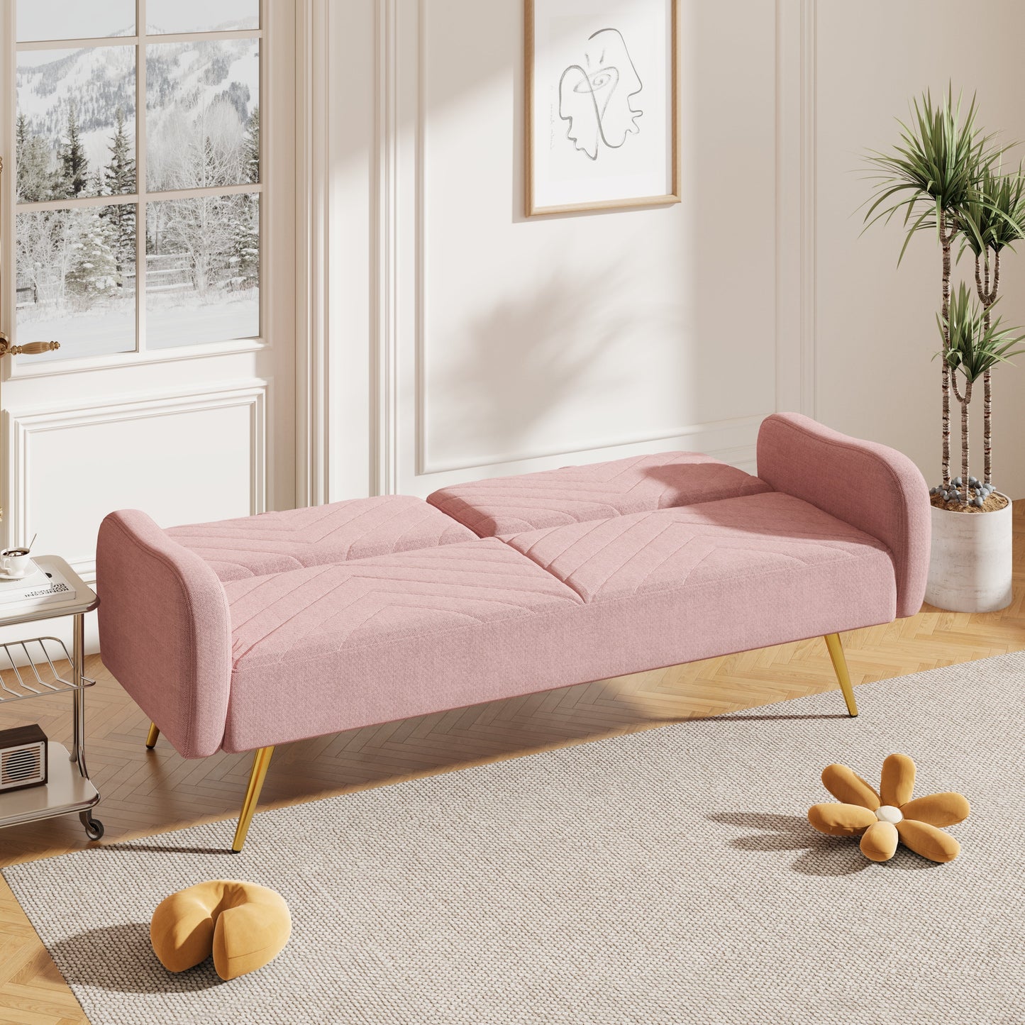 70.47" Pink Fabric Double Sofa with Split Backrest and Two Throw Pillows - Korvel