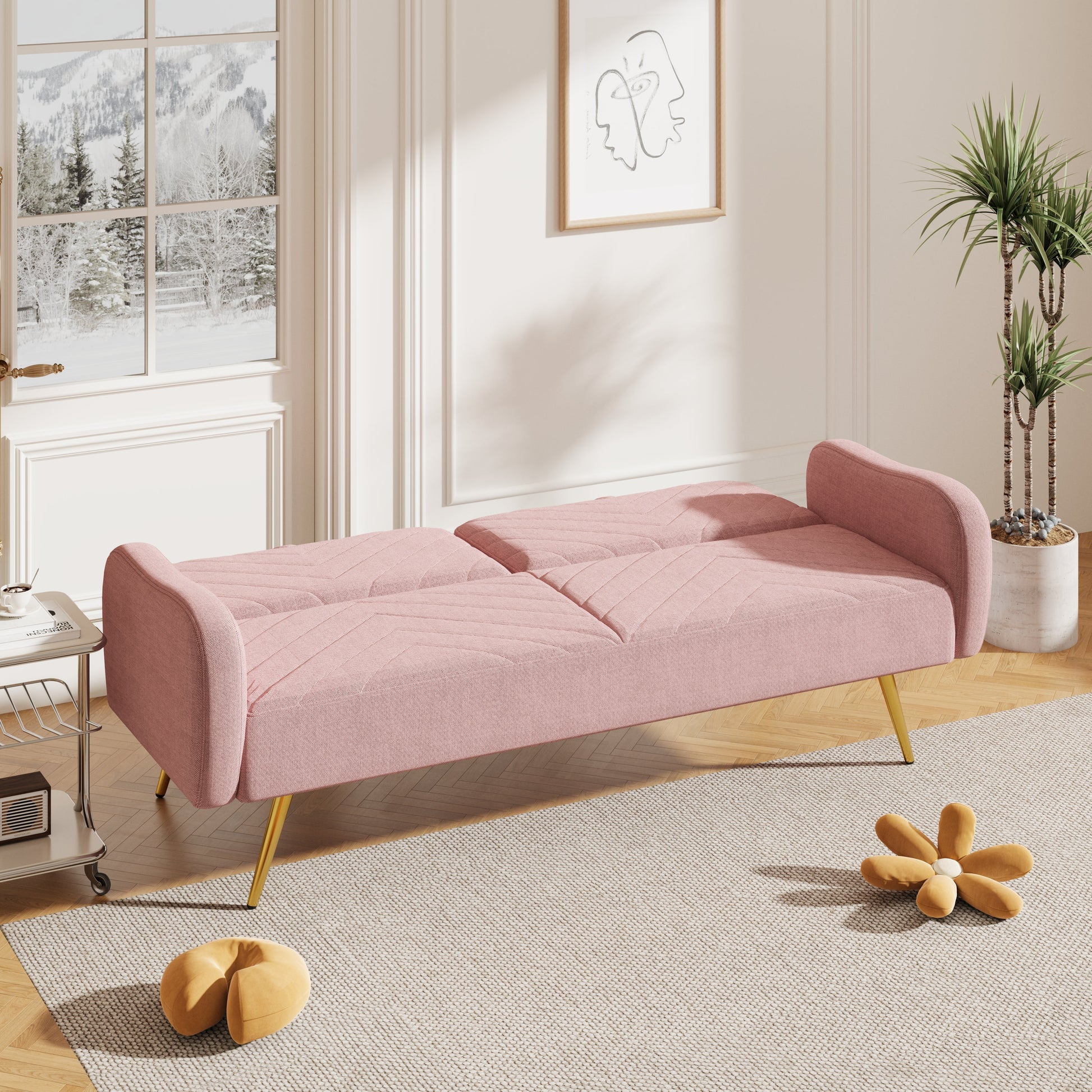 70.47" Pink Fabric Double Sofa with Split Backrest and Two Throw Pillows - Korvel