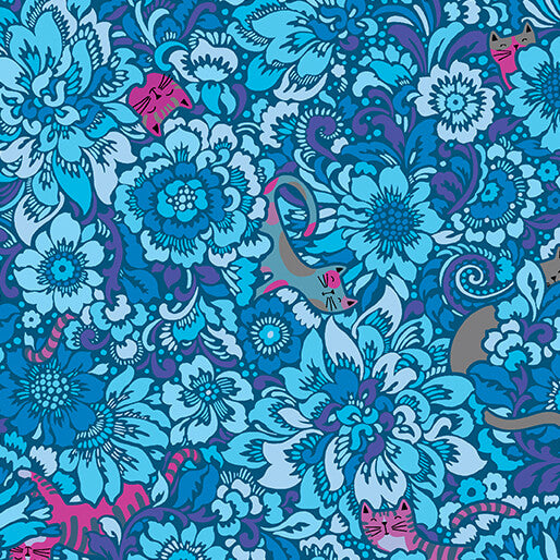 Elegant Kitties Blue Cheeto's World Cotton Fabric Per Yard