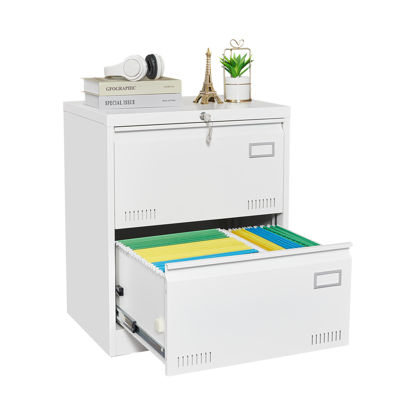 Horizontal file cabinet, 2 drawers, white file cabinet with lock, metal file cabinet with lock, 3 drawers, legal office cabinet - Korvel
