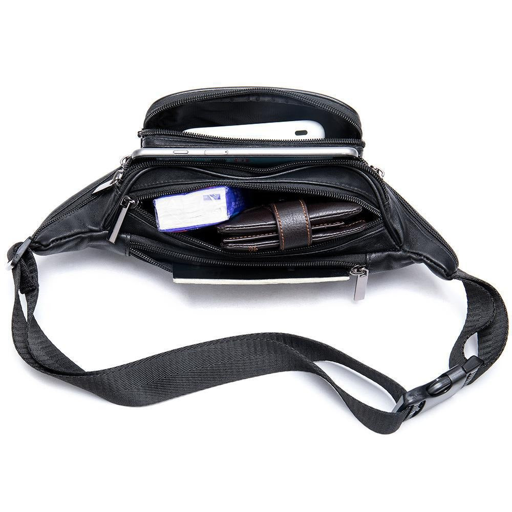 Men's sheepskin waist bag outdoor black mobile phone sheepskin bag leisure sports crossbody chest bag - Korvel