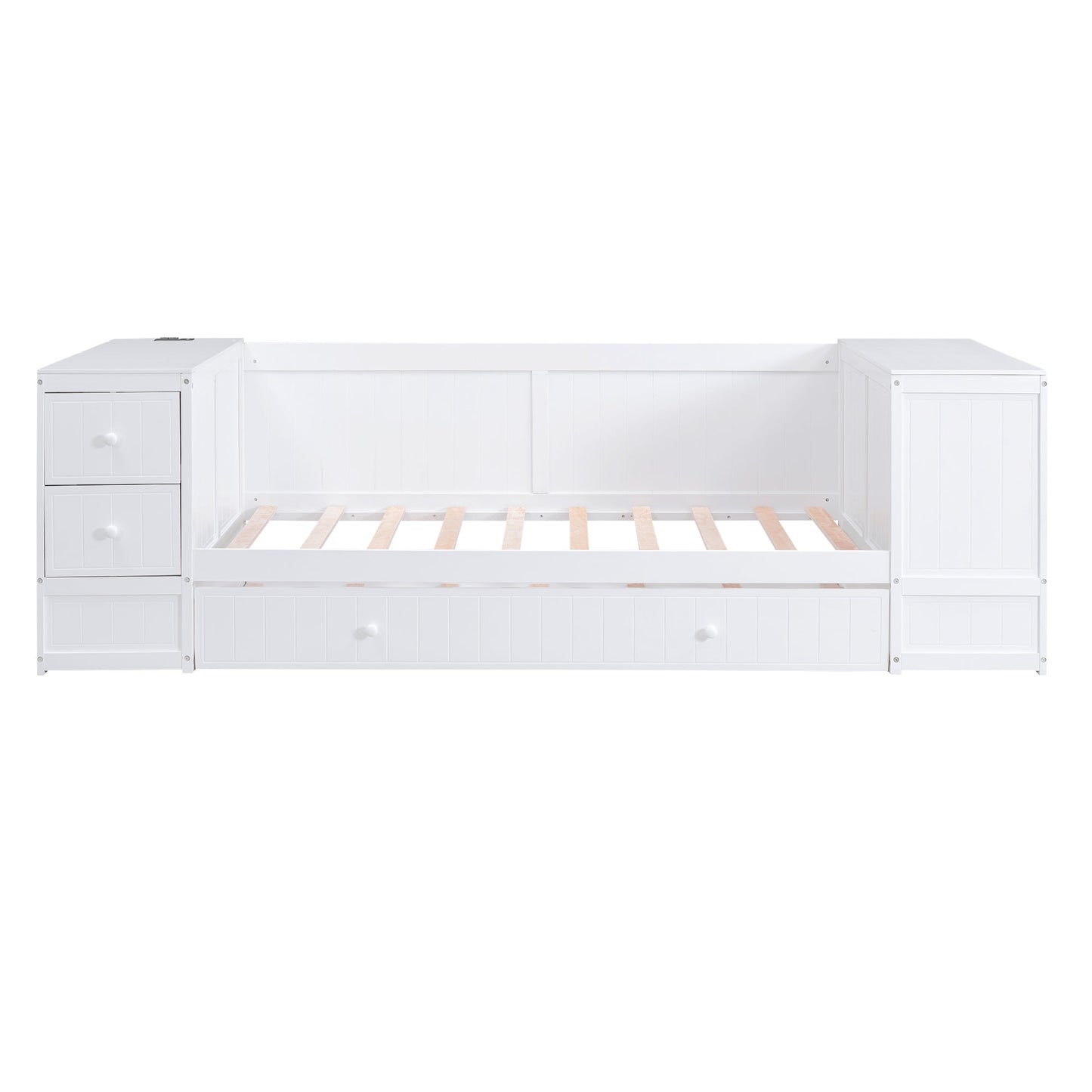 Twin Size Daybed with Storage Arms  Trundle and Charging Station White - Korvel
