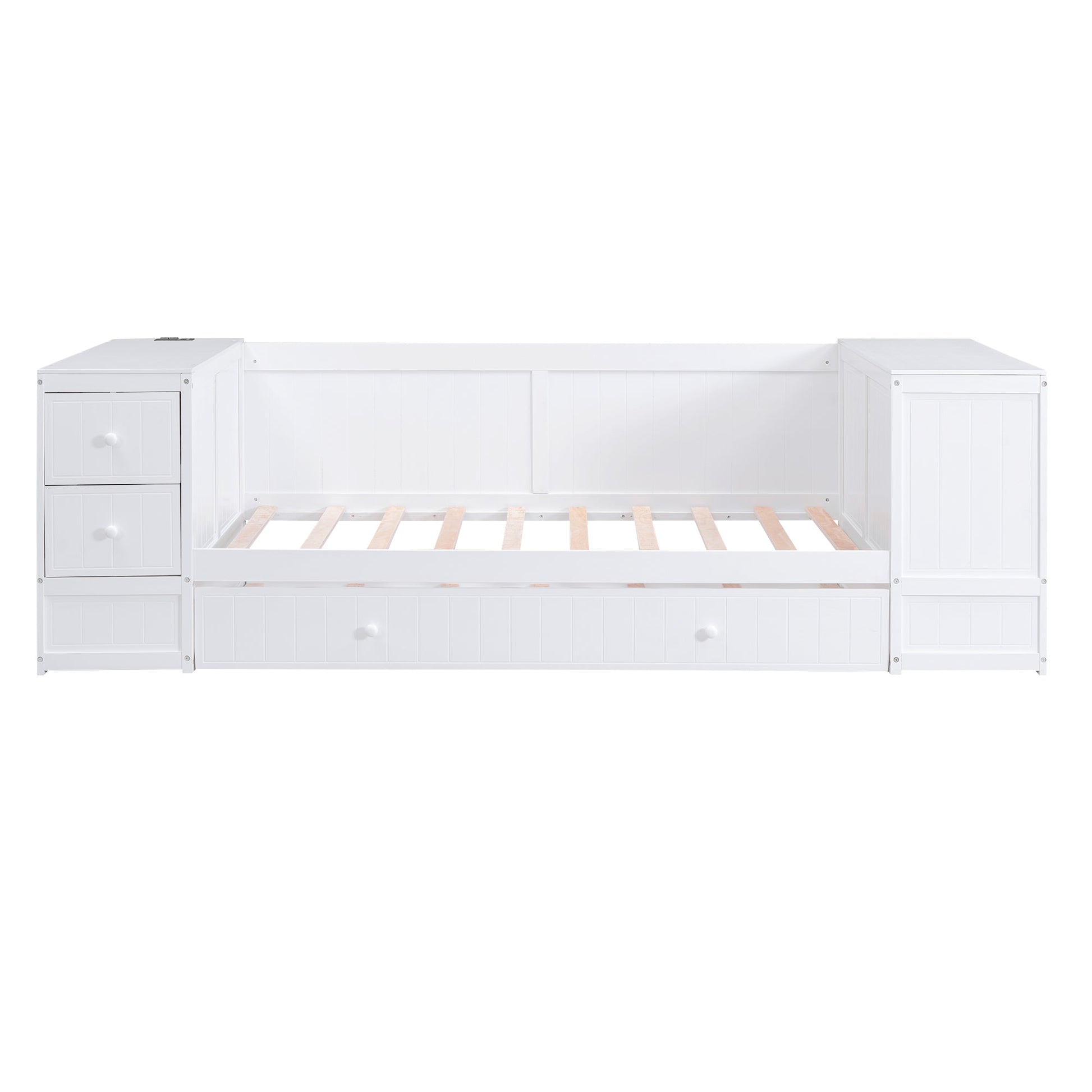 Twin Size Daybed with Storage Arms  Trundle and Charging Station White - Korvel
