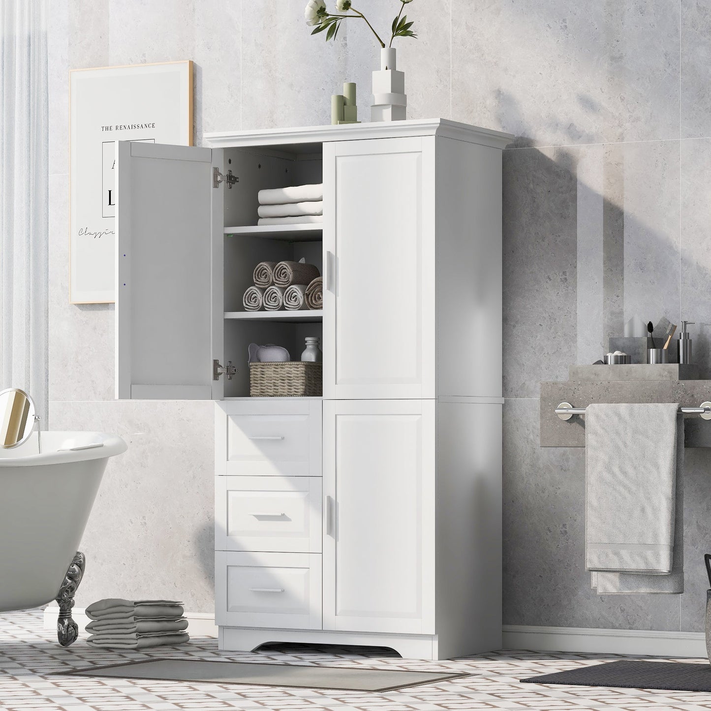 Tall and Wide Storage Cabinet with Doors for Bathroom/Office, Three Drawers, White - Korvel