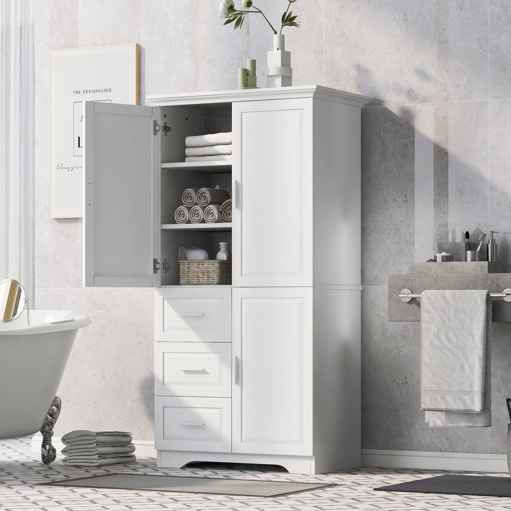 Tall and Wide Storage Cabinet with Doors for Bathroom/Office, Three Drawers, White - Korvel