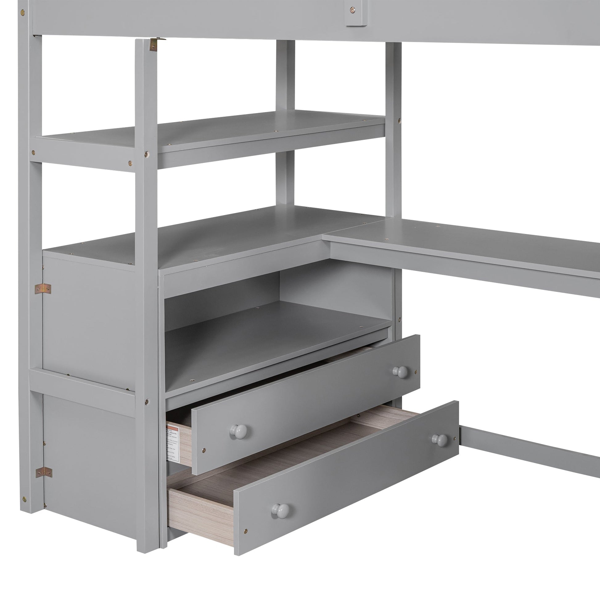 Twin Size Loft Bed with Desk and Shelves Two Built-in Drawers, Storage Staircase Gray - Korvel