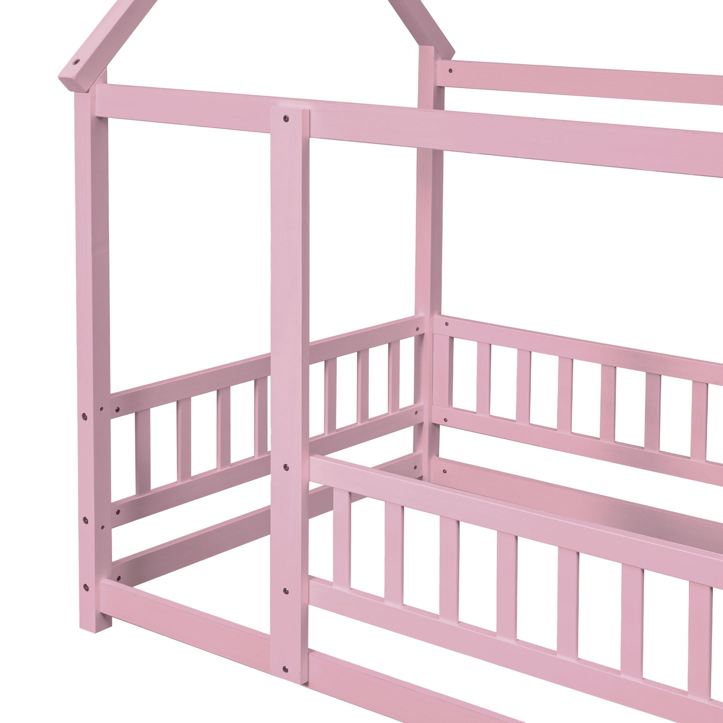 Twin Size Floor Wooden Bed with House Roof Frame, Fence Guardrails,Pink - Korvel