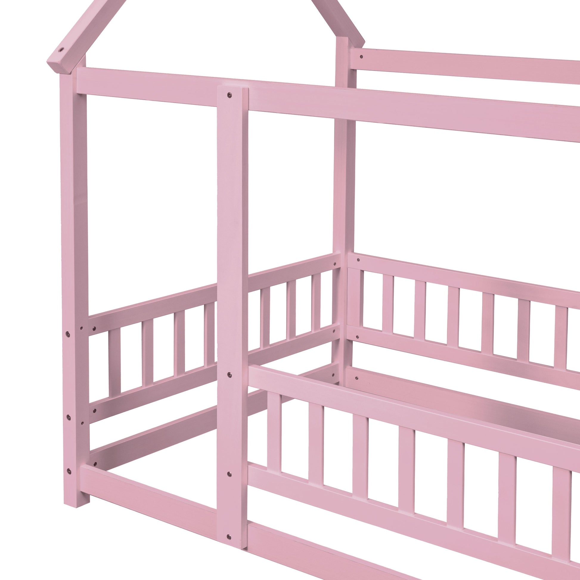 Twin Size Floor Wooden Bed with House Roof Frame, Fence Guardrails,Pink - Korvel