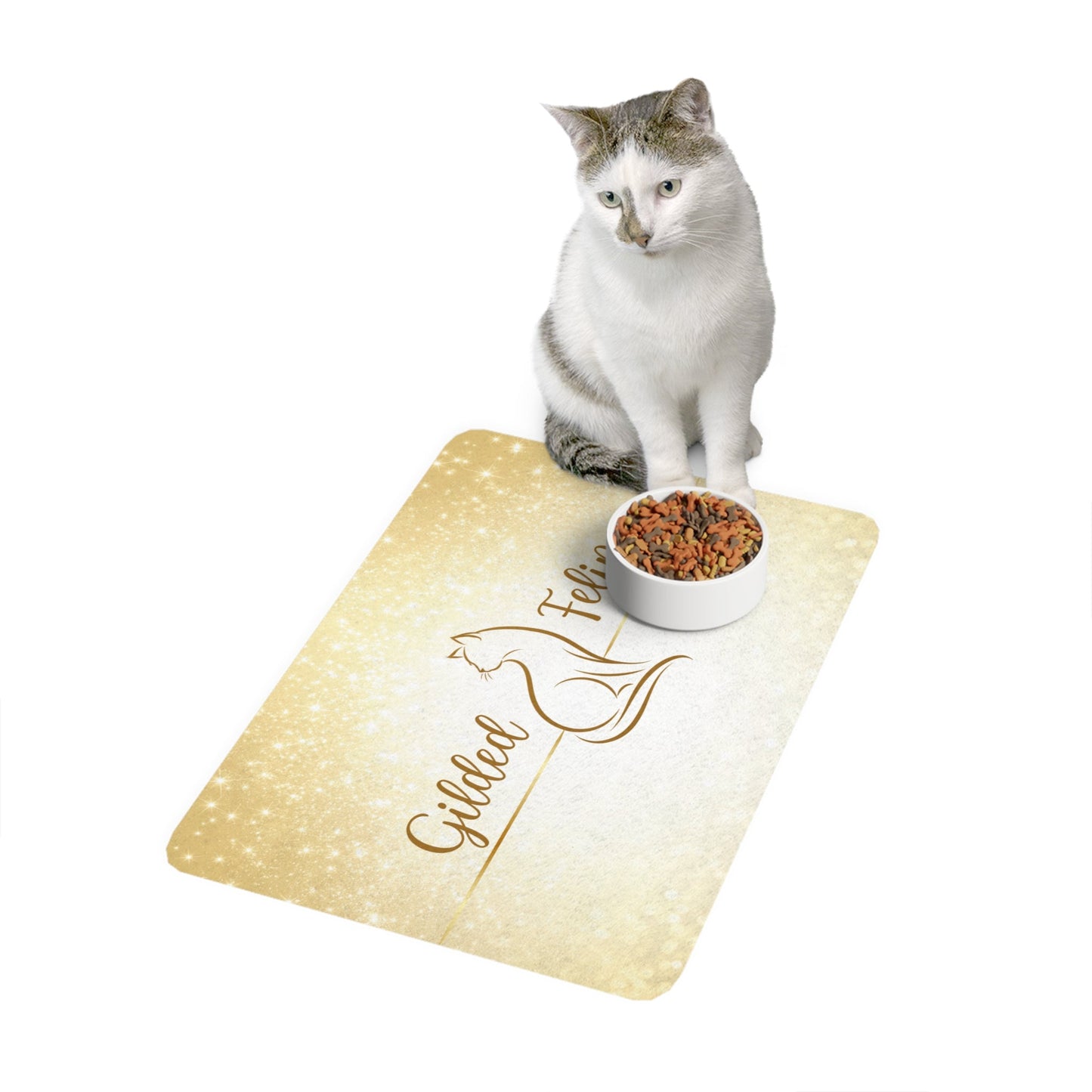 Gilded Feline Cat Food Mat - Elegant Gold Design