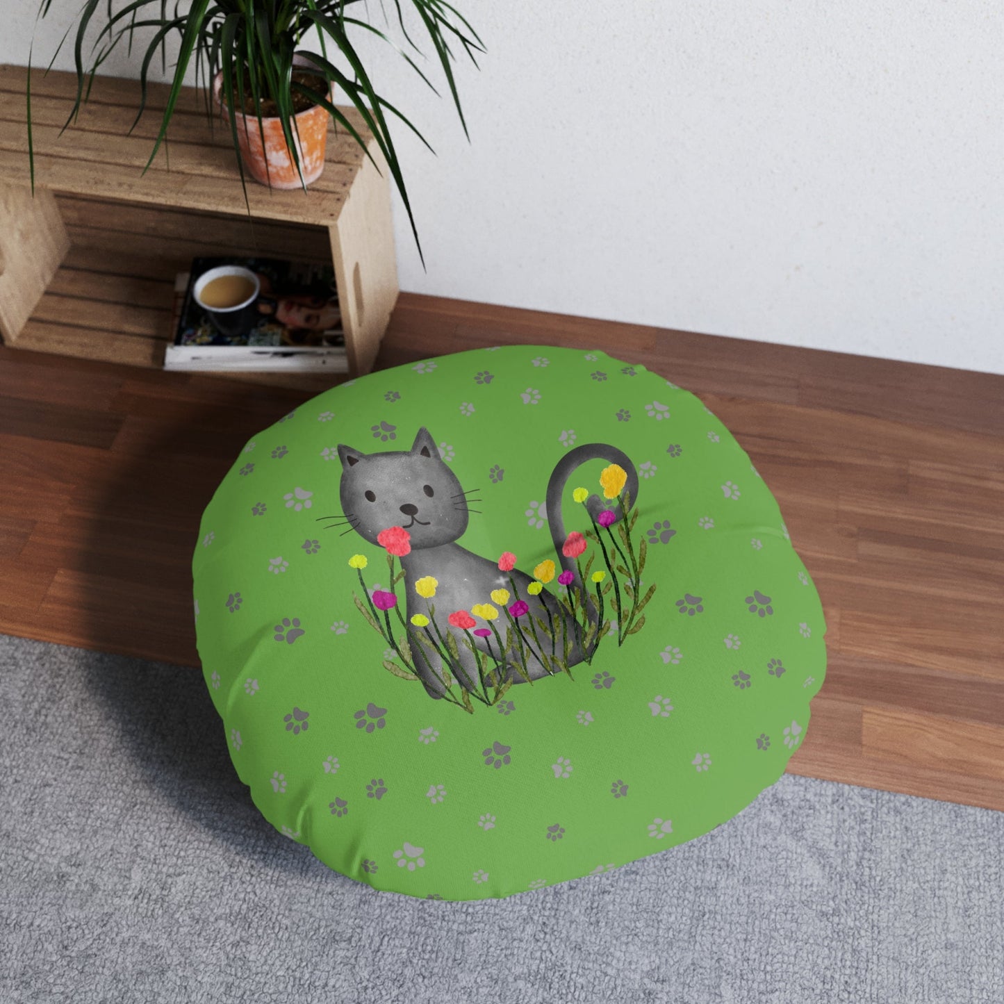 Curious Garden Cat Round Floor Pillow – Green Paw Print Accent Cushion