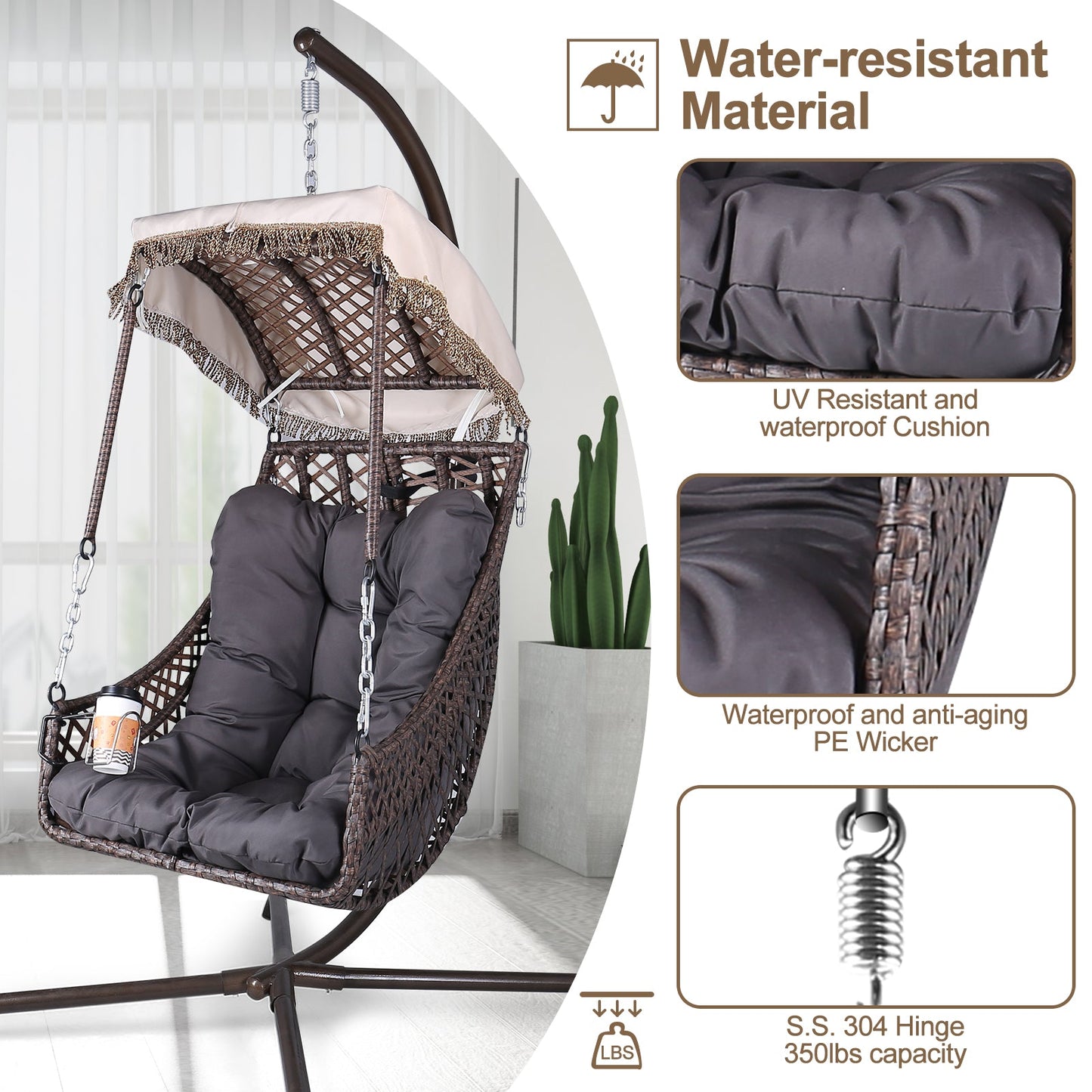 Swing Egg Chair with Stand Indoor Outdoor Wicker Rattan Frame 350lbs Capacity Hammock Chair - Korvel