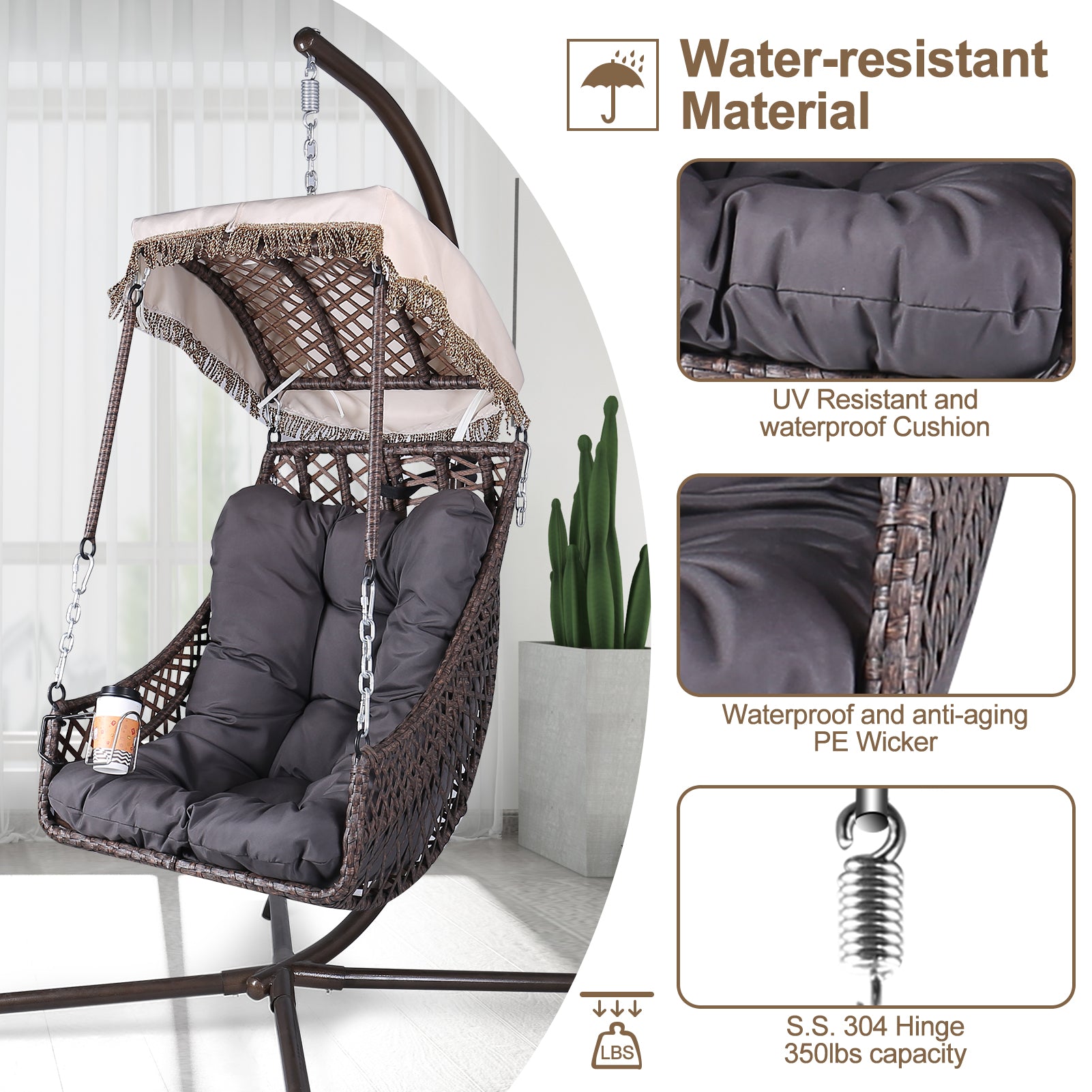 Swing Egg Chair with Stand Indoor Outdoor Wicker Rattan Frame 350lbs Capacity Hammock Chair - Korvel