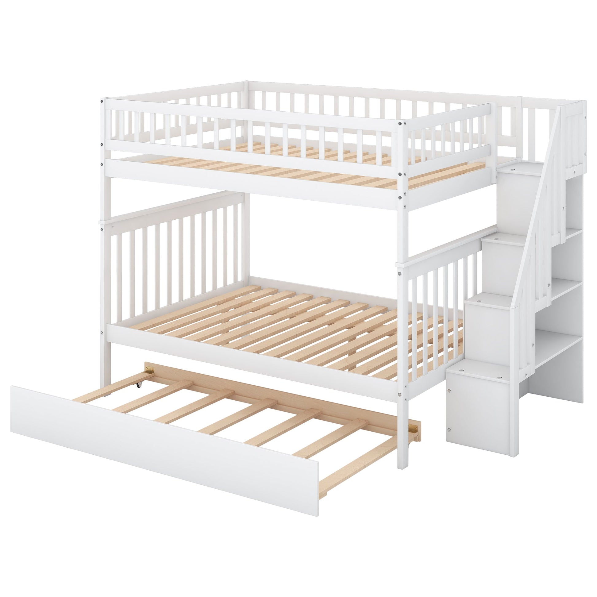 Full over Full Bunk Bed with Trundle and Staircase White - Korvel