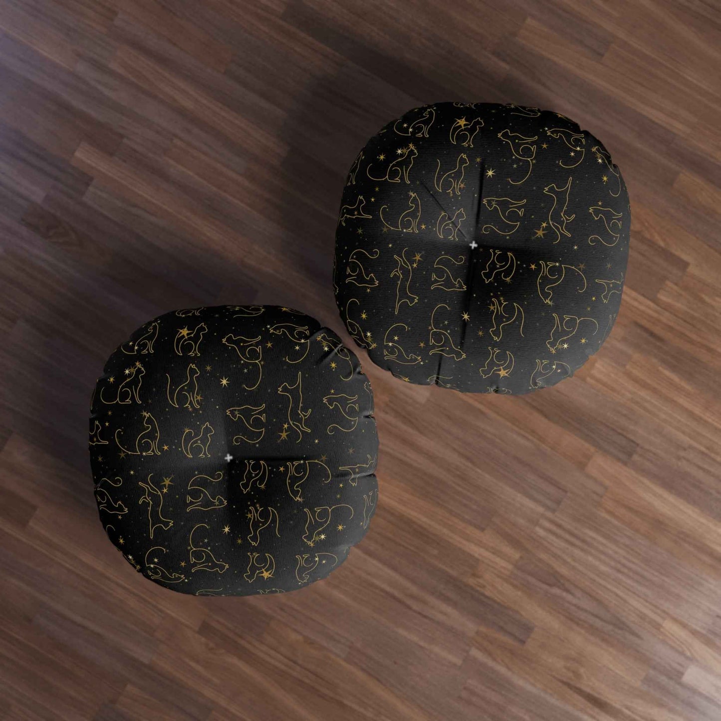 Cojín de Suelo Tufted con Gatos de Línea en Foil Dorado - Negro