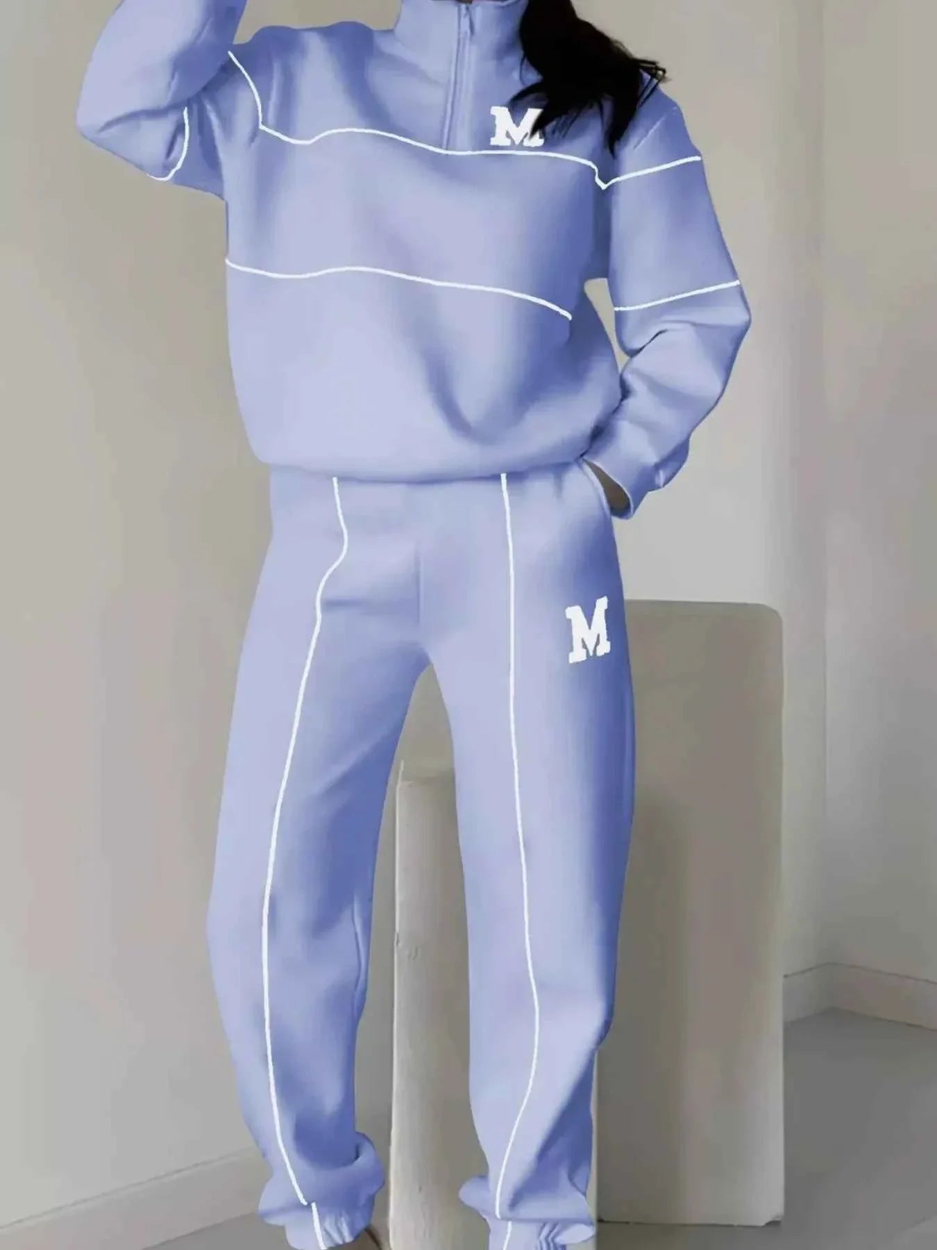 Plus Size Striped Quarter Zip Top and Pants Set