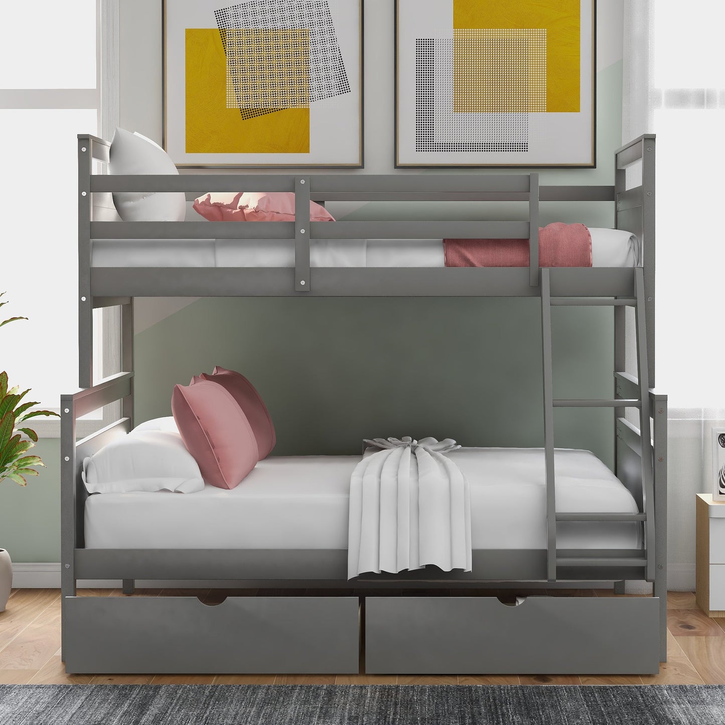 Twin over Full Bunk Bed with Ladder Two Storage Drawers  Safety Guardrail  Gray - Korvel