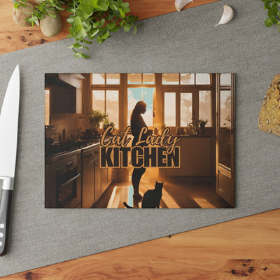 Sunset Cat Lady Glass Cutting Board