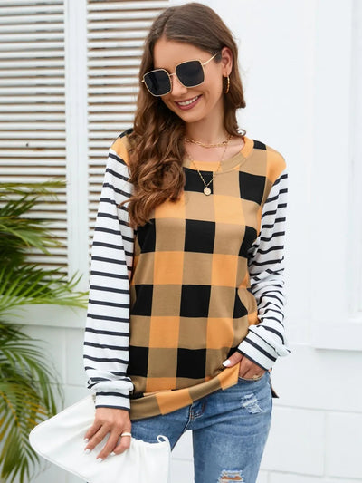 Plaid Striped Round Neck Long Sleeve T-Shirt - Korvel