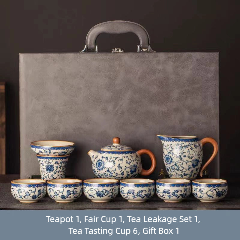 Elegante juego de té Kung Fu de cerámica Ru en azul y blanco