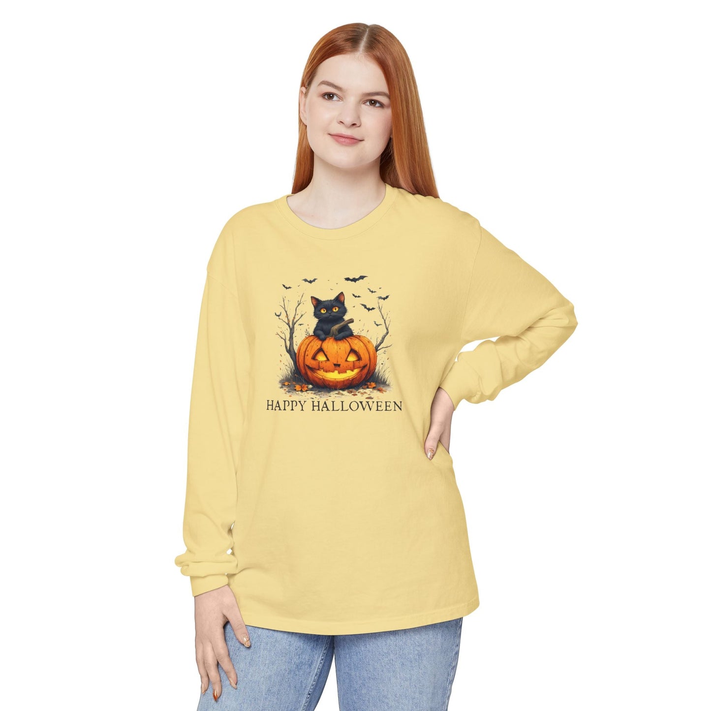 Happy Halloween Cat Long Sleeve Tee for Cat Lovers
