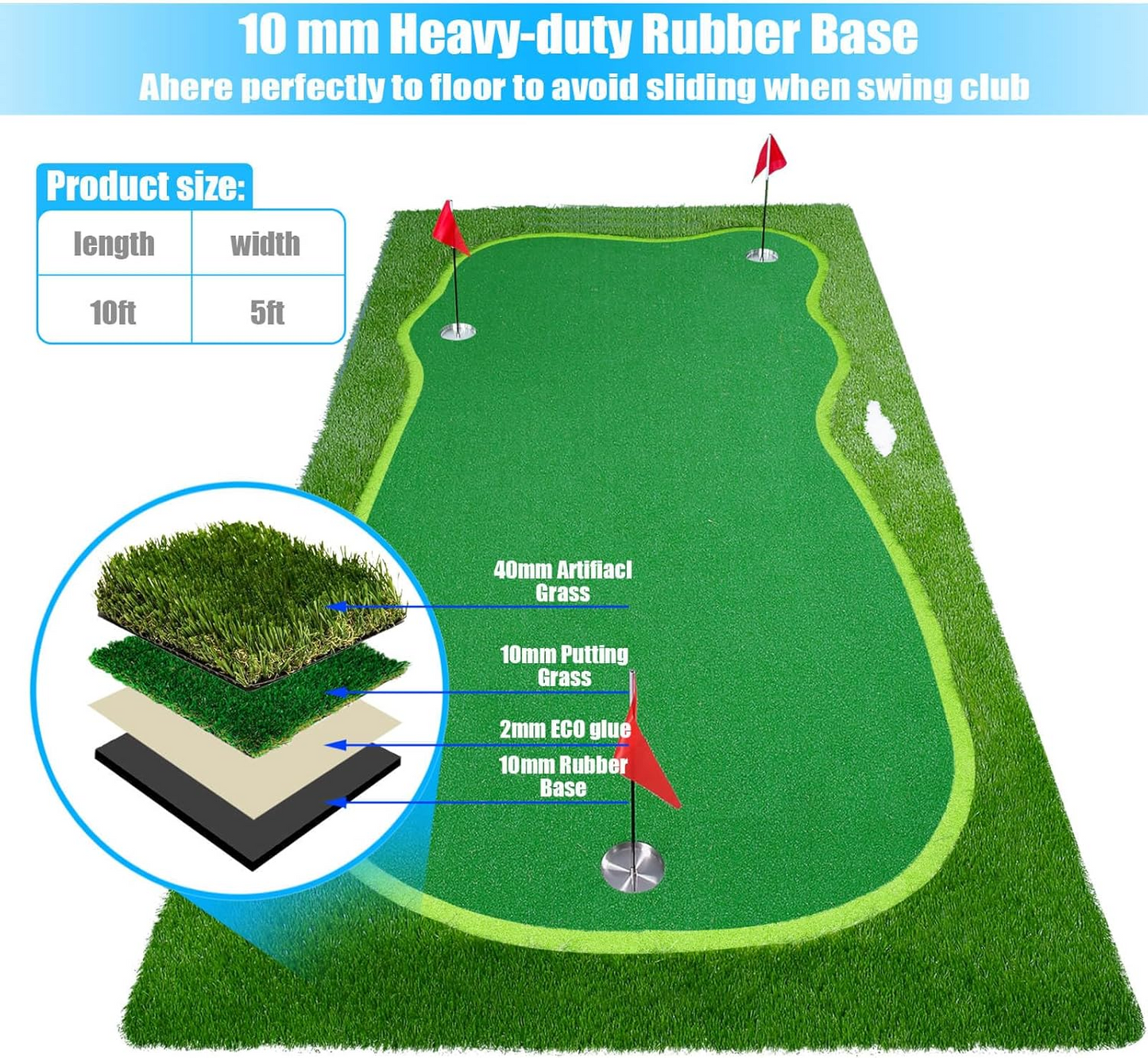 Yunic Golf Premium 8ft x 16ft Putting Green with Elevation Slope - Korvel