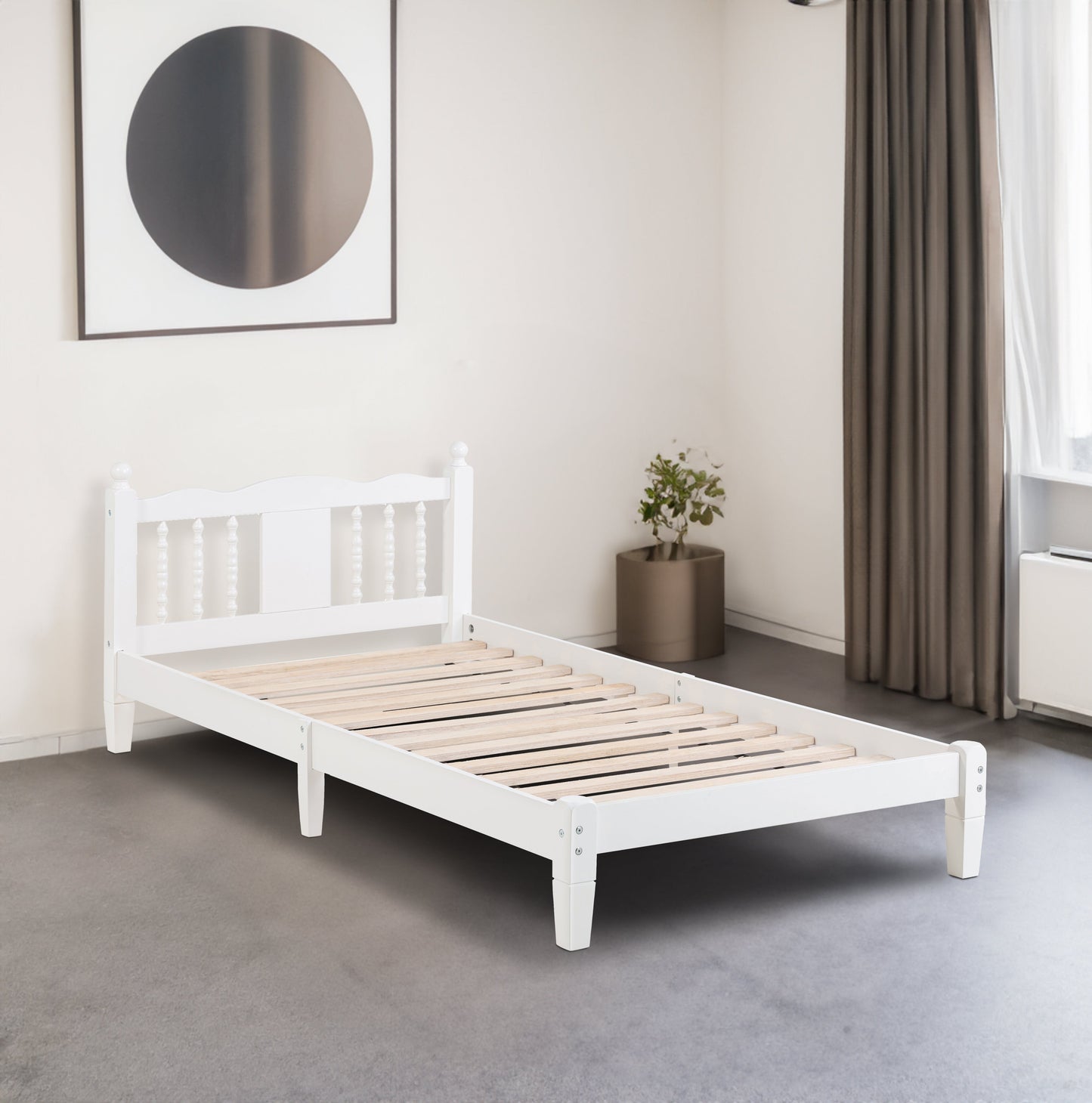 Twin Bed with Column-Decoration Headboard, with Bed Slats,White - Korvel