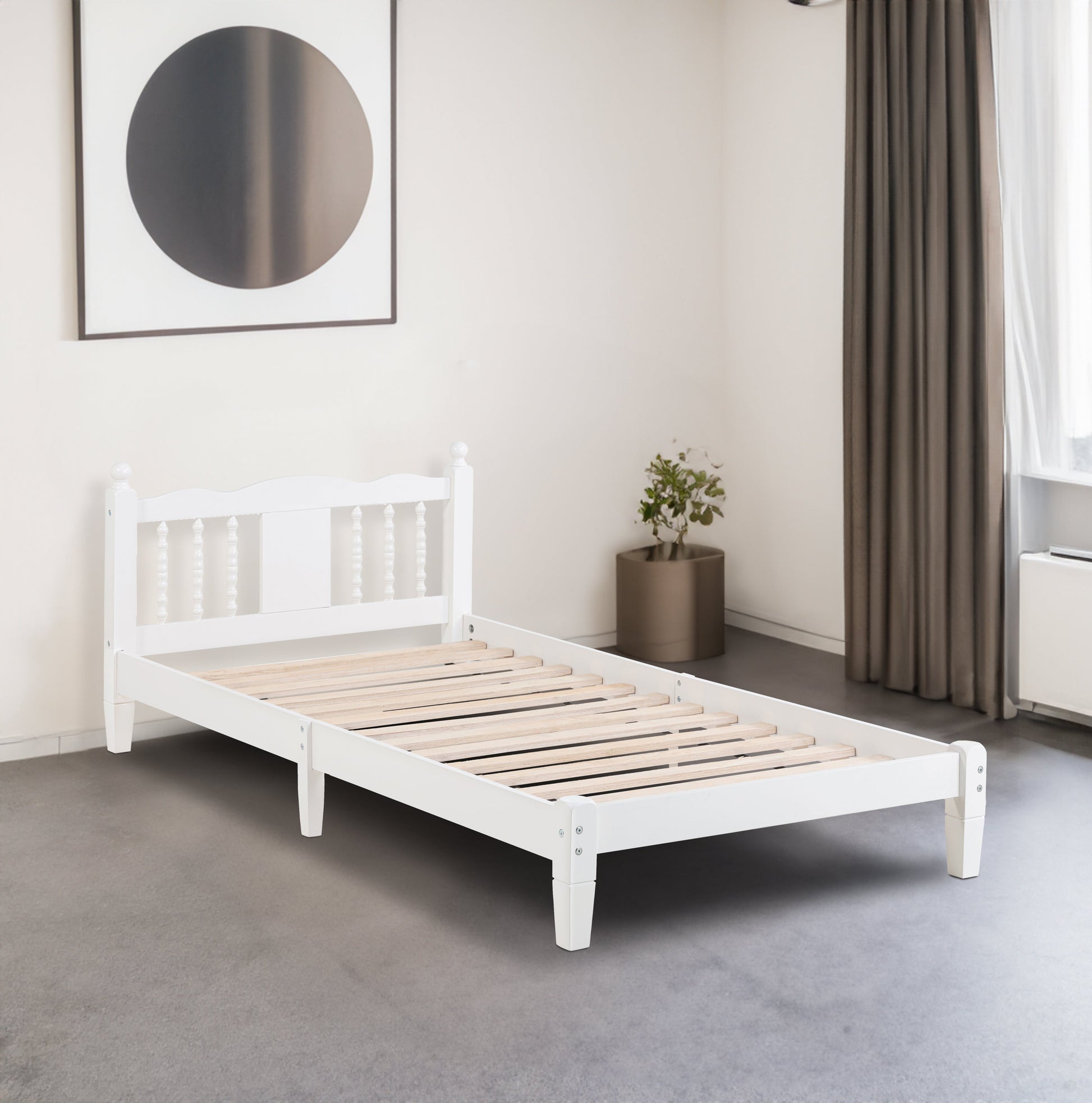 Twin Bed with Column-Decoration Headboard, with Bed Slats,White - Korvel
