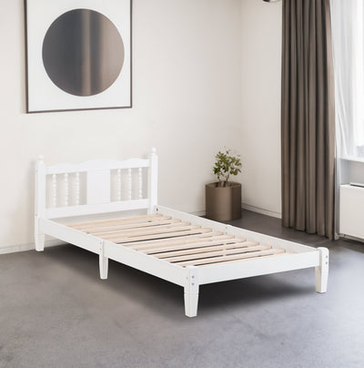 Twin Bed with Column-Decoration Headboard, with Bed Slats,White - Korvel